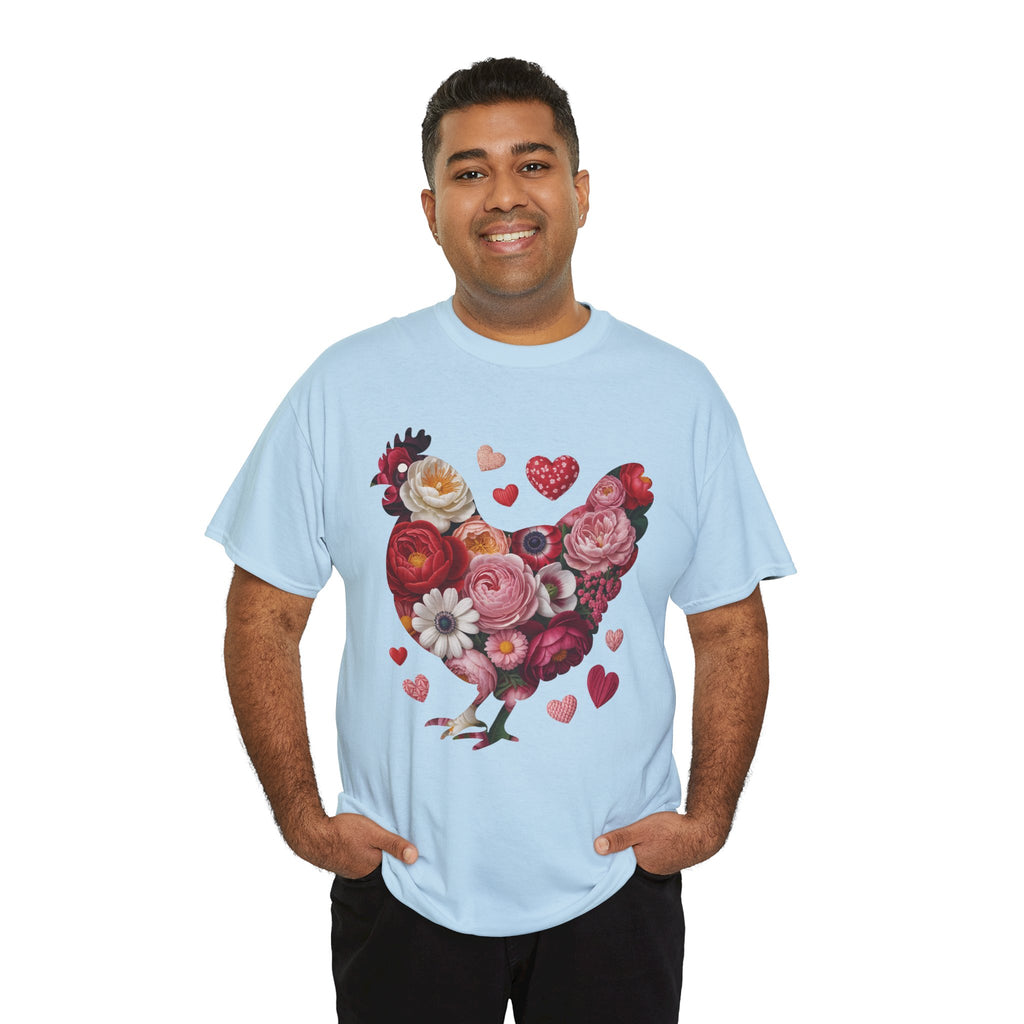 Floral Chicken Heart Tee — Red & Pink Flower Silhouette Unisex Cotton Tee