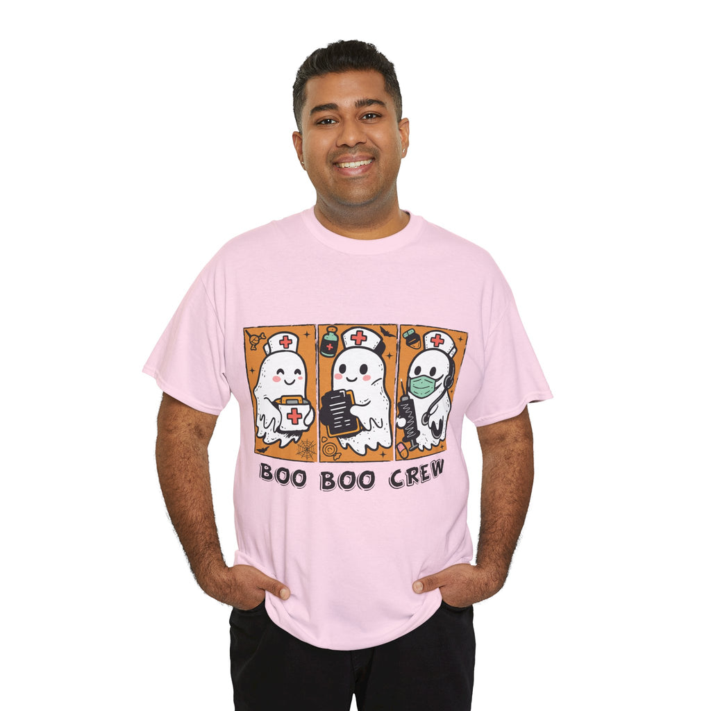 Halloween Nurse T-Shirt — Ghost Nurses Holding Medical Tools on Orange Unisec Cotton Tee