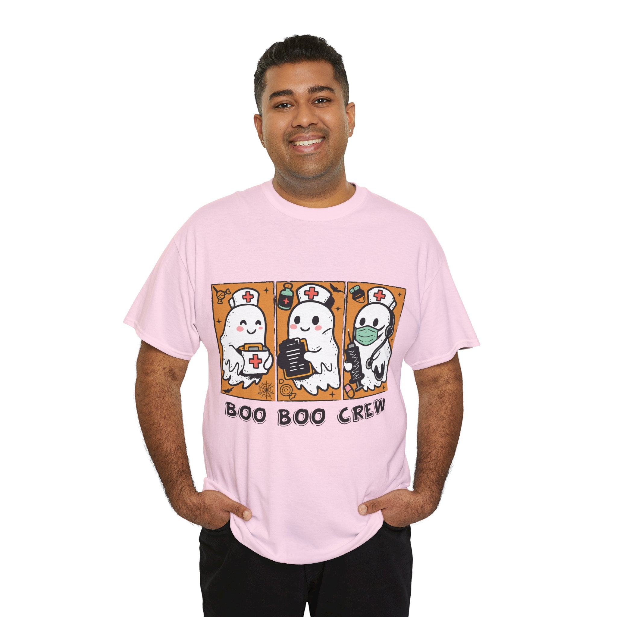 Halloween Nurse T-Shirt — Ghost Nurses Holding Medical Tools on Orange Unisec Cotton Tee