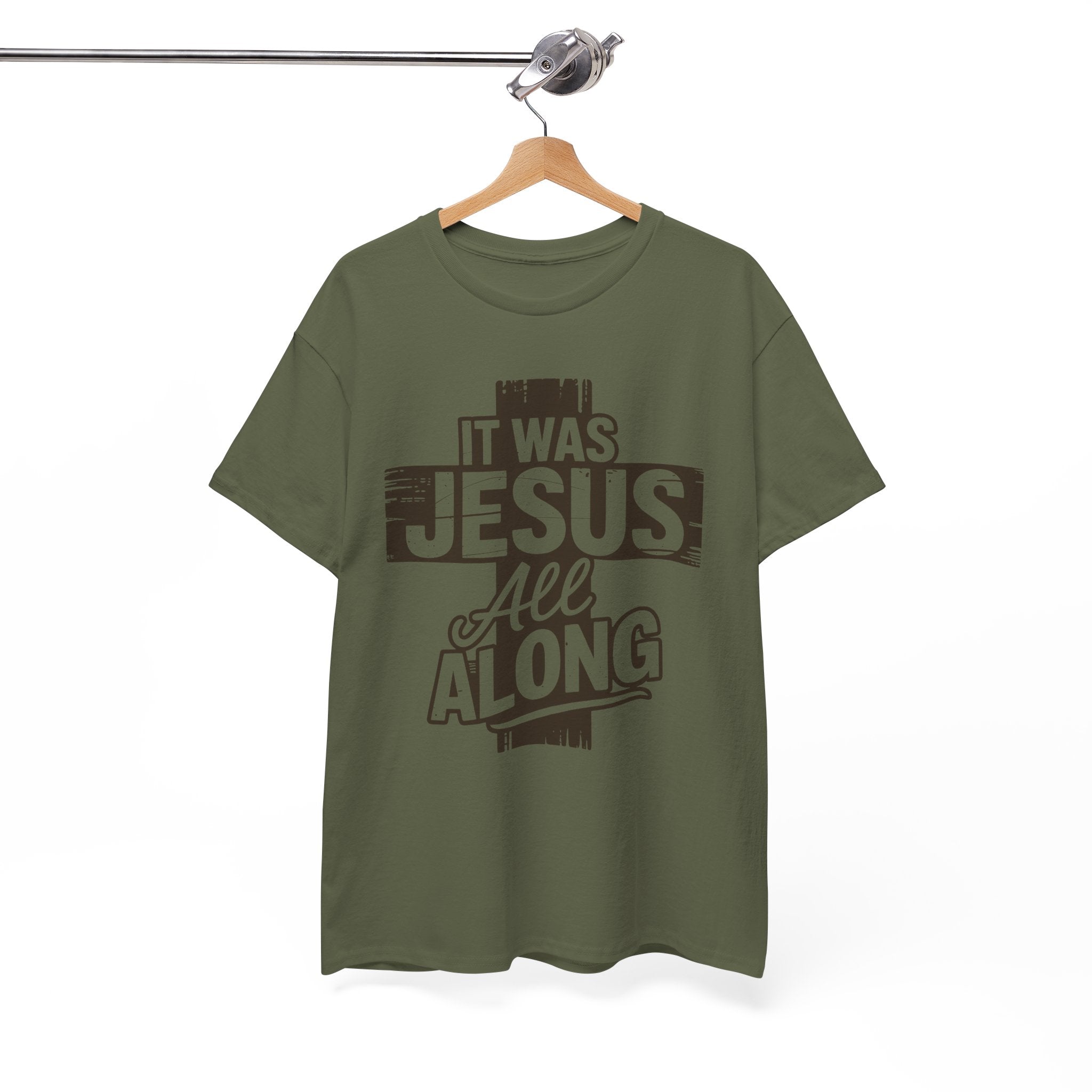 It Was Jesus All Along T-Shirt — Rustic Brown Cross Christian Unisex Cotton Tee