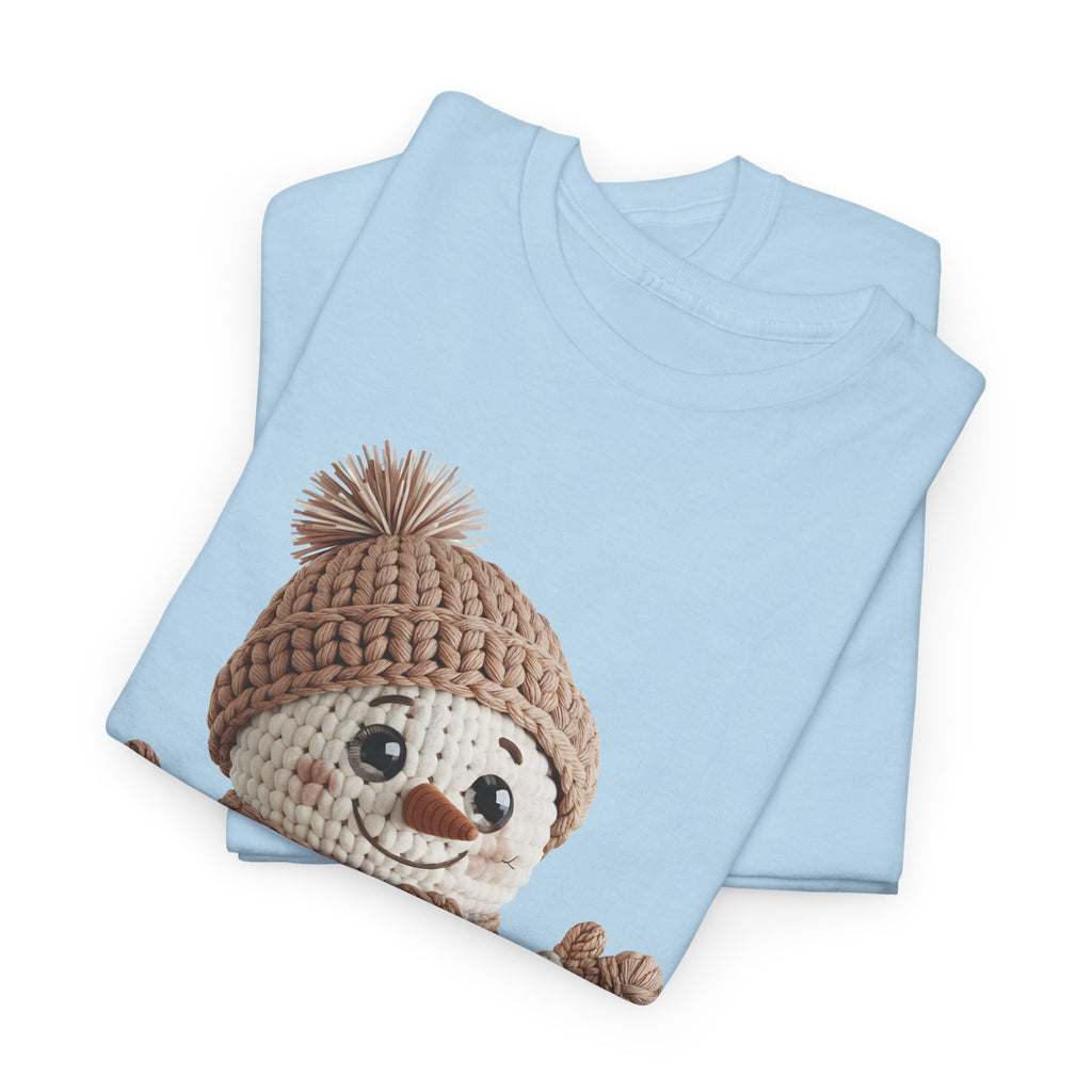 Snowman Knit‑Style Graphic Tee — Cute Faux‑Yarn Snowman with Hat, Scarf & Mittens.Unisex Cotton Tee