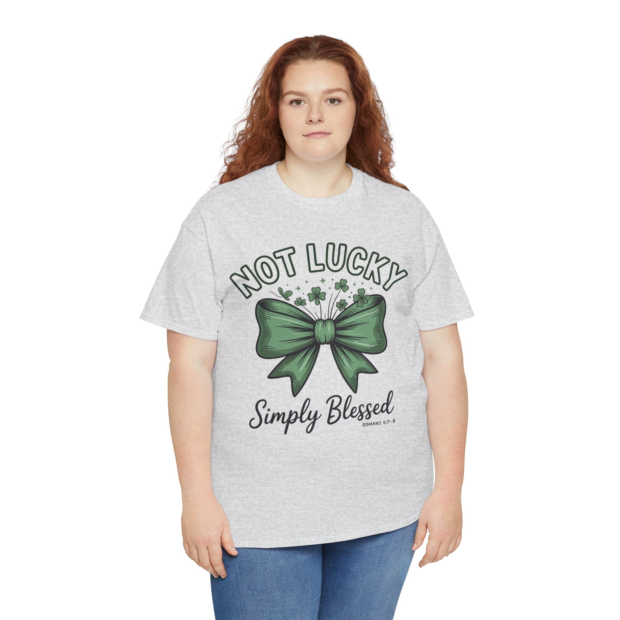 Not Lucky, Simply Blessed T-Shirt — Green Bow & Clovers St. Patrick’s Unisex Cotton Tee