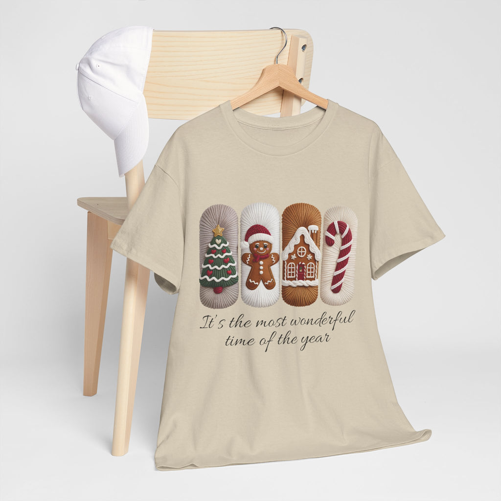 Christmas Faux-Yarn Tree Tee — Gingerbread House & Candy Cane Holiday Unisex Cotton T-Shirt