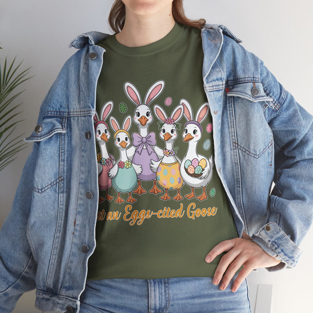 Just an Eggs-cited Goose Easter Tee — Funny Geese in Bunny Ears Unisex Cotton Tee