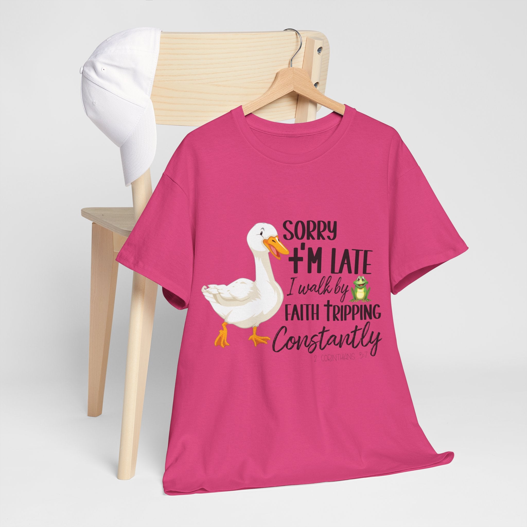 Christian Humor T-Shirt — “Sorry I’m Late, I Walk by Faith Tripping Constantly” (Duck & Frog). Unisex Cotton Tee