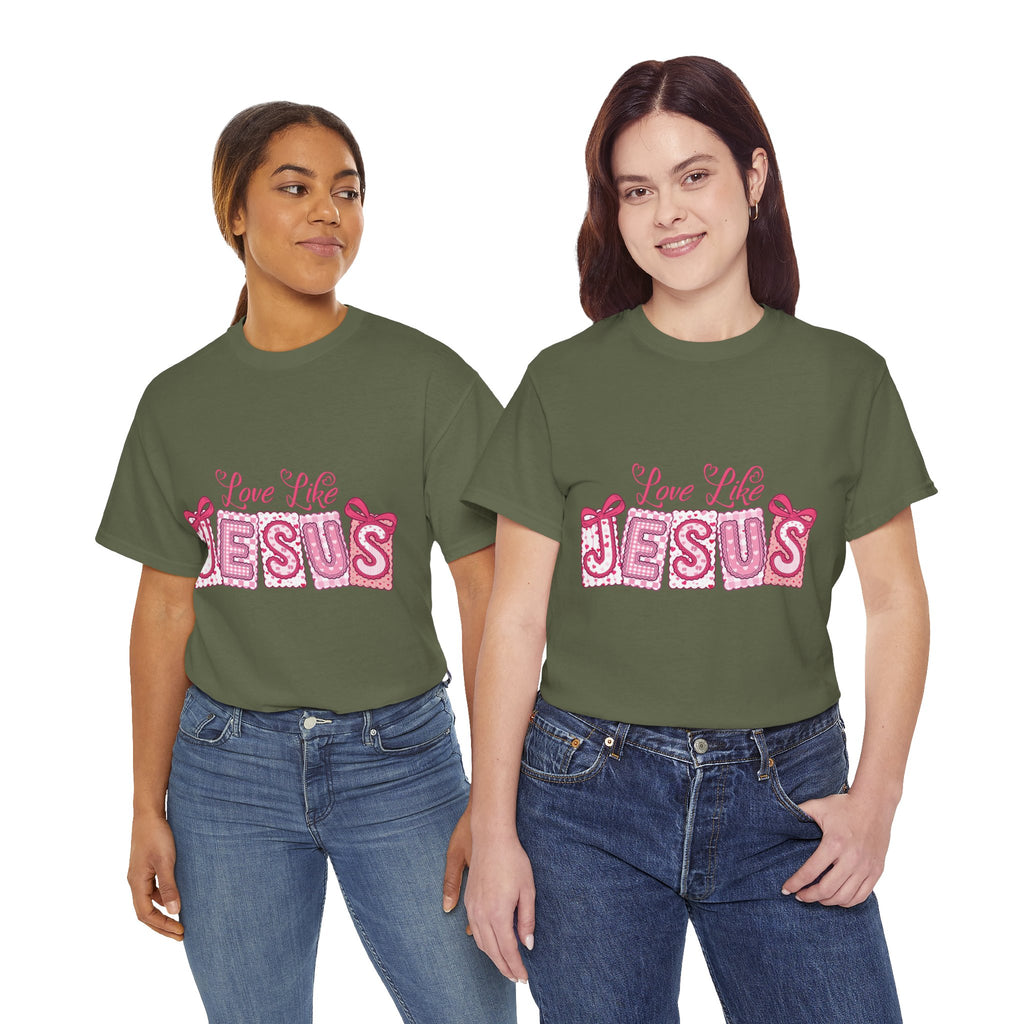 Love Like Jesus Patchwork Tee — Pink Stitched Heart Graphic.Unisex Cotton Tee