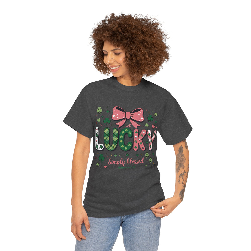 Simply Blessed Tee — “Not Lucky, Simply Blessed” with Pastel Bow, Clovers & Romans 4:7-8 Unisex Cotton Tee