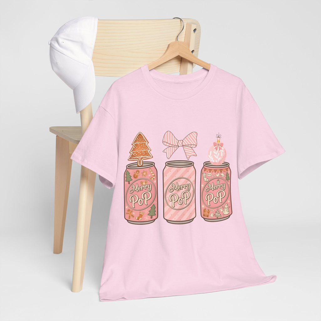 Merry Pop Christmas Soda Can Tee — Pastel Holiday Graphic Unisex Cotton T-Shirt