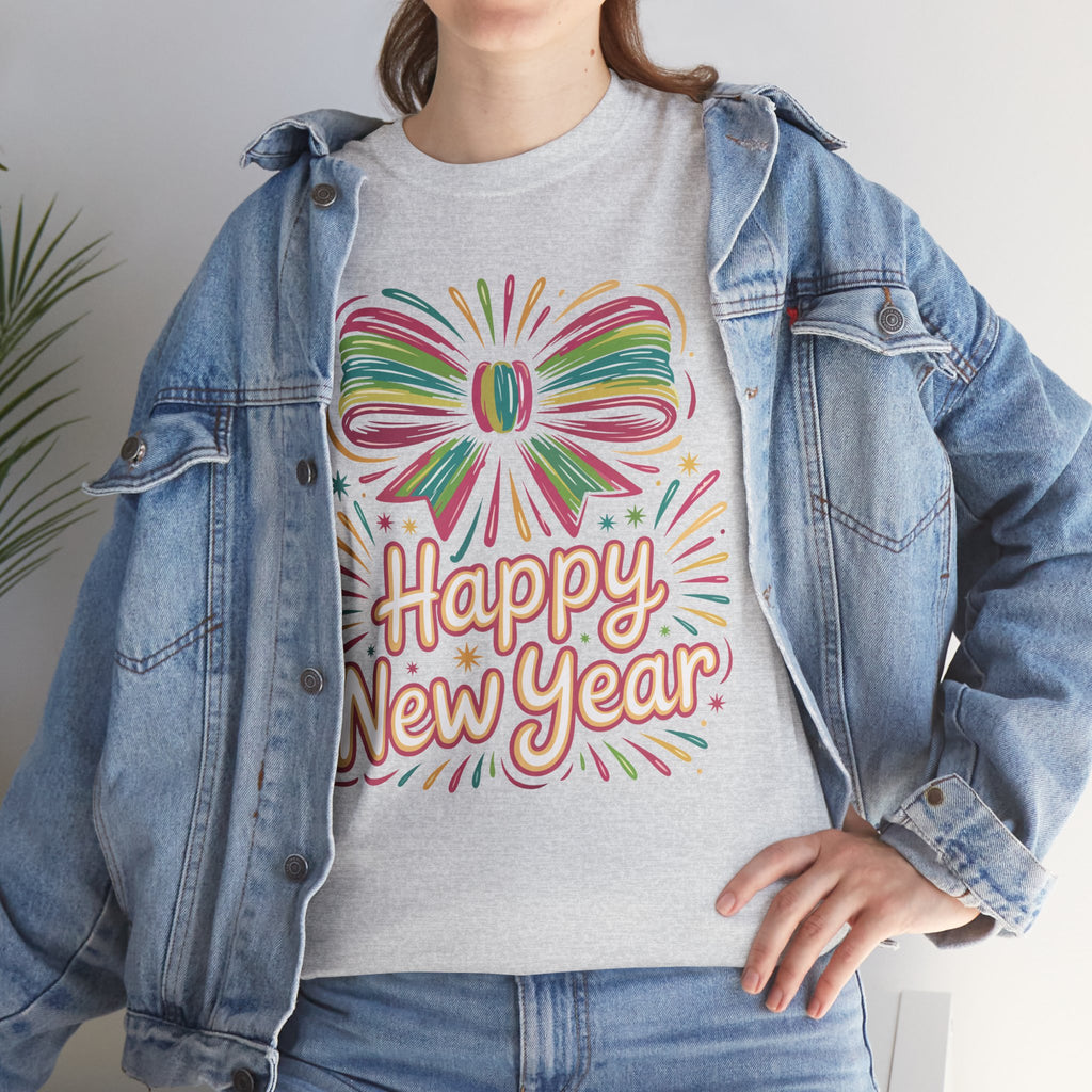Happy New Year Pastel Tee — Rainbow Bow & Fireworks Celebration Unisex Cotton Tshirt