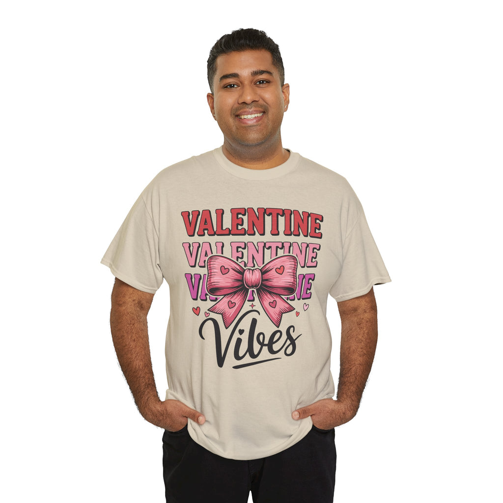 Valentine Vibes T-Shirt — Pink Bow Heart Graphic Unisex Cotton Tee