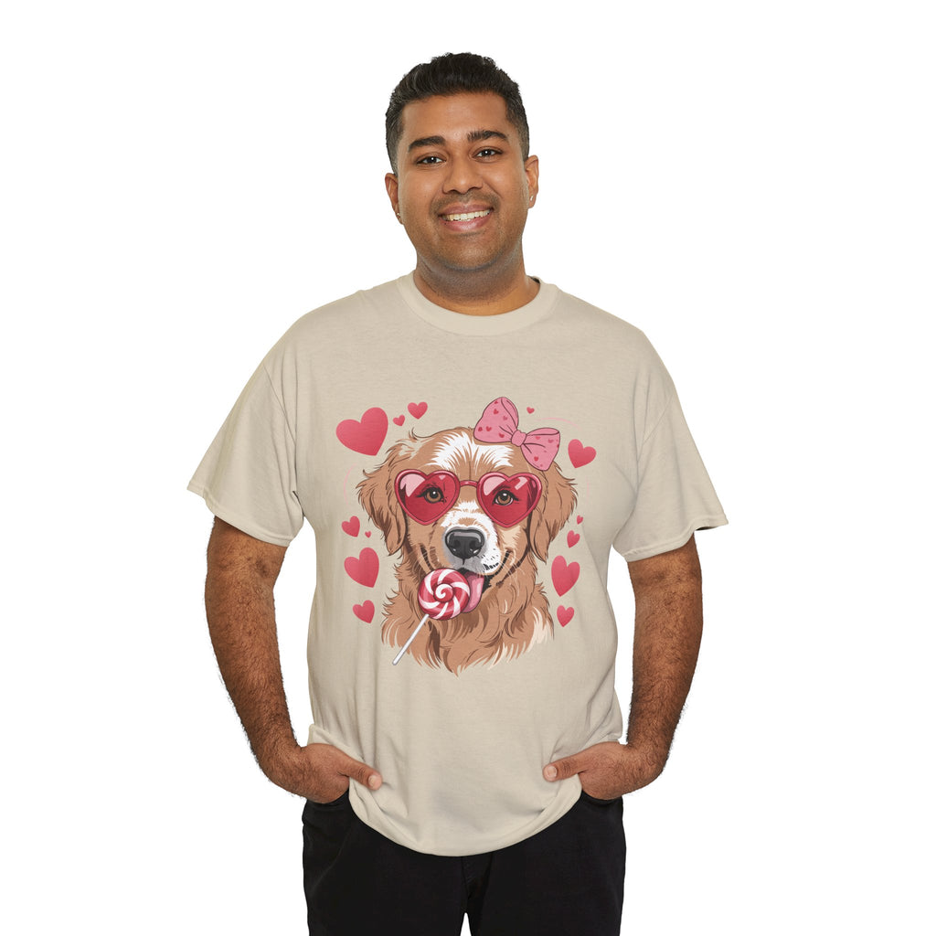 Valentine Dog T-Shirt — Cute Pup with Heart Glasses, Pink Bow & Lollipop..Unisex Cotton Tee