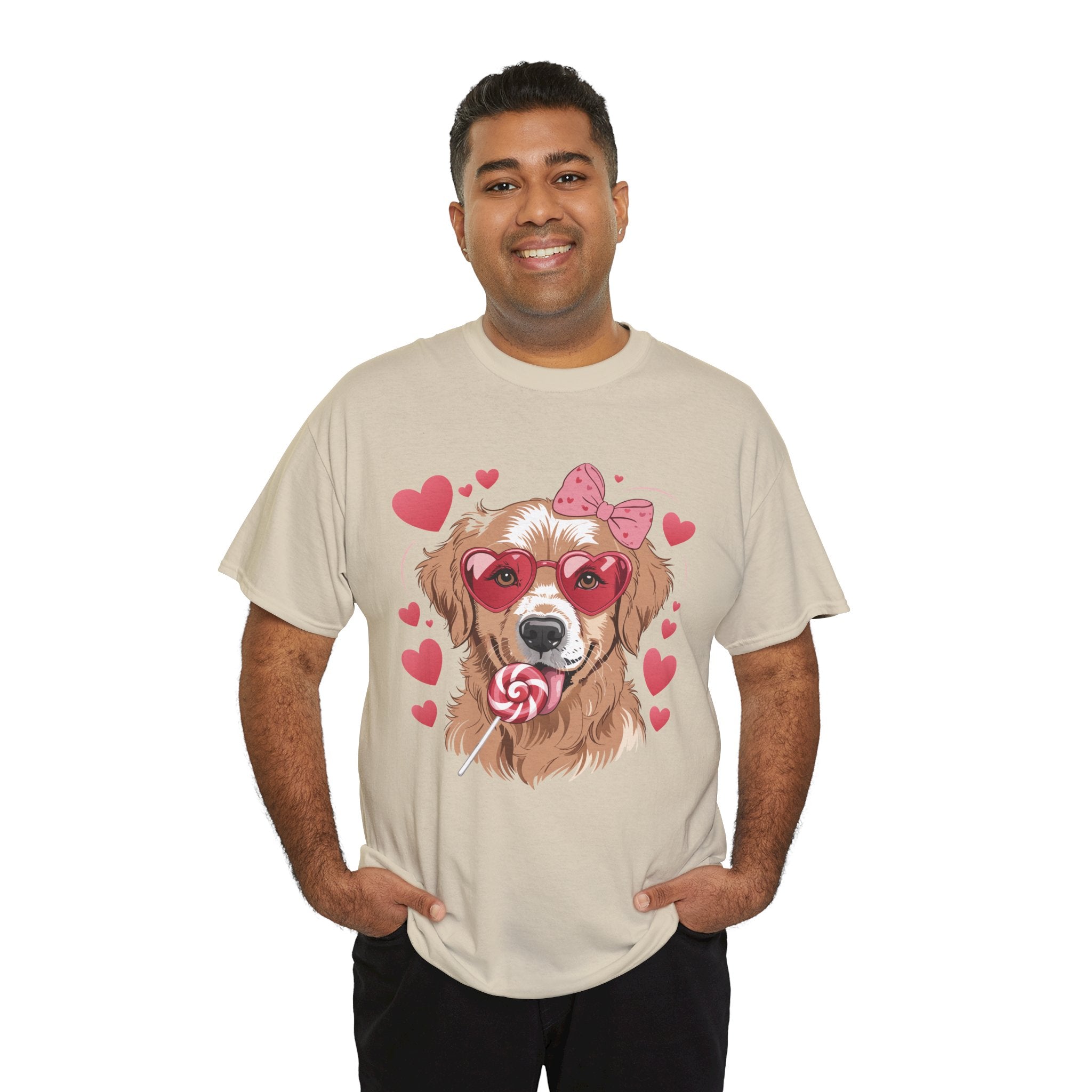Valentine Dog T-Shirt — Cute Pup with Heart Glasses, Pink Bow & Lollipop..Unisex Cotton Tee