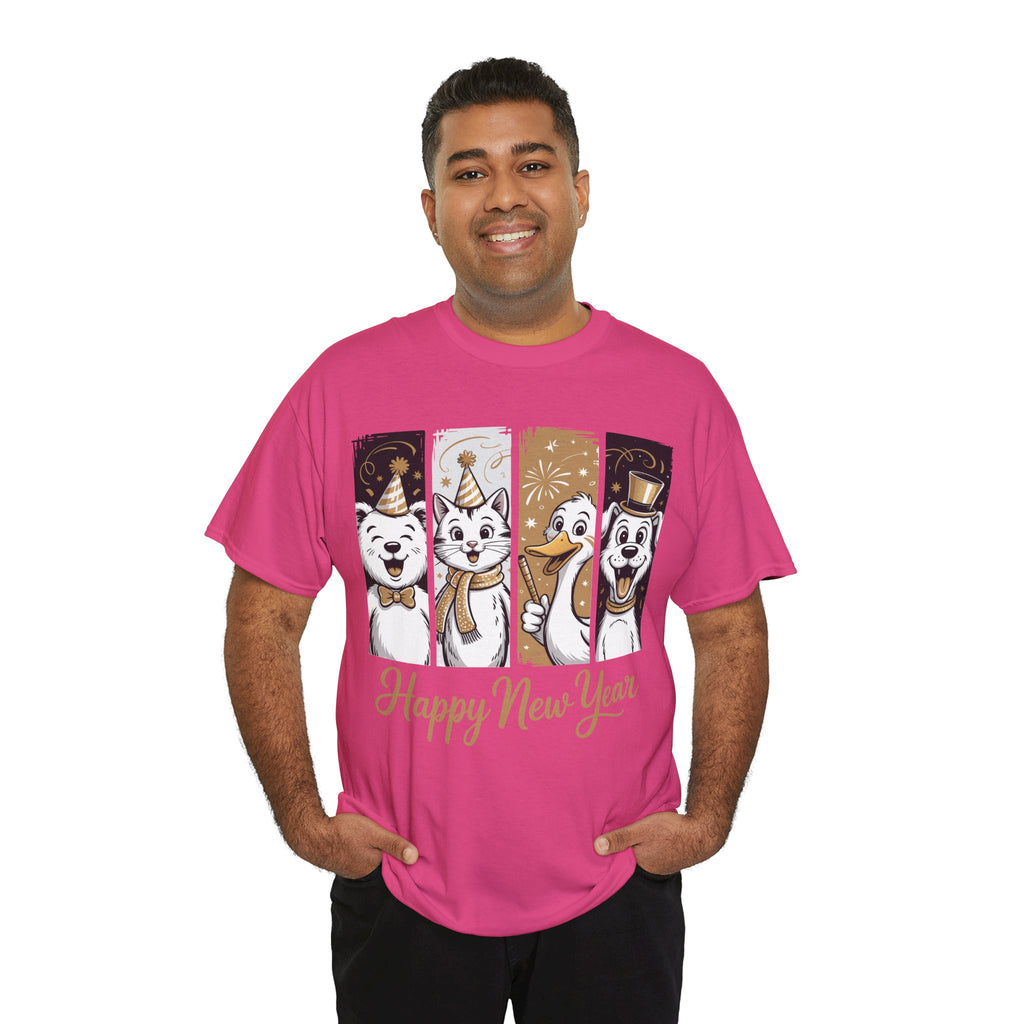 Happy New Year Party Animals T-Shirt — Cute Smiling Animals in Party Hats & Gold Fireworks..Unisex Cotton Tee