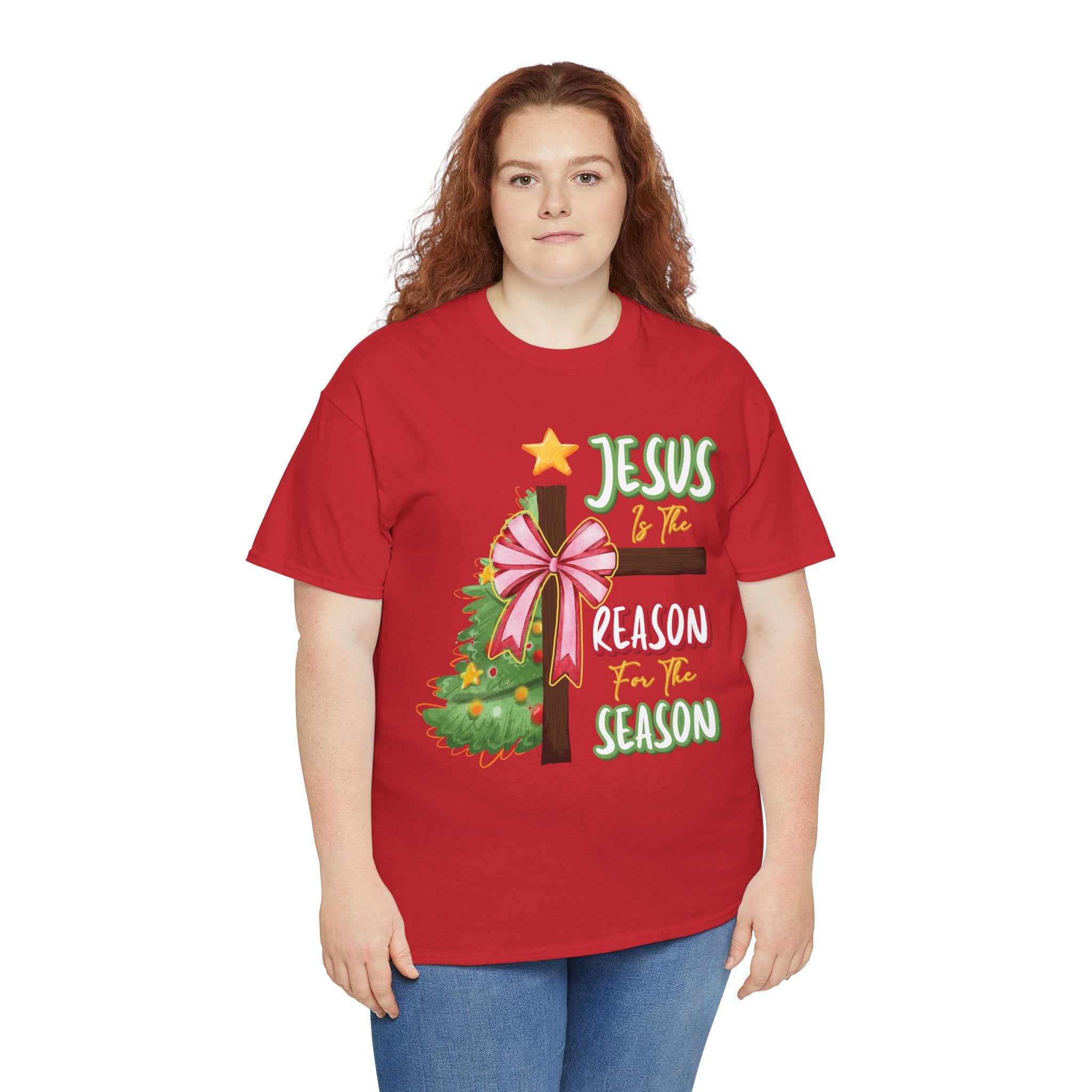 Jesus Is the Reason for the Season Christmas Tee — Cross with Pink Bow & Tree. Unisex Cotton Tee