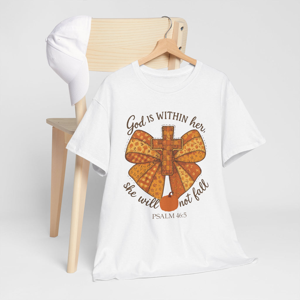 Psalm 46:5 Cross Patchwork Tee — Fall Bow Christian Unisex Cotton T-Shirt