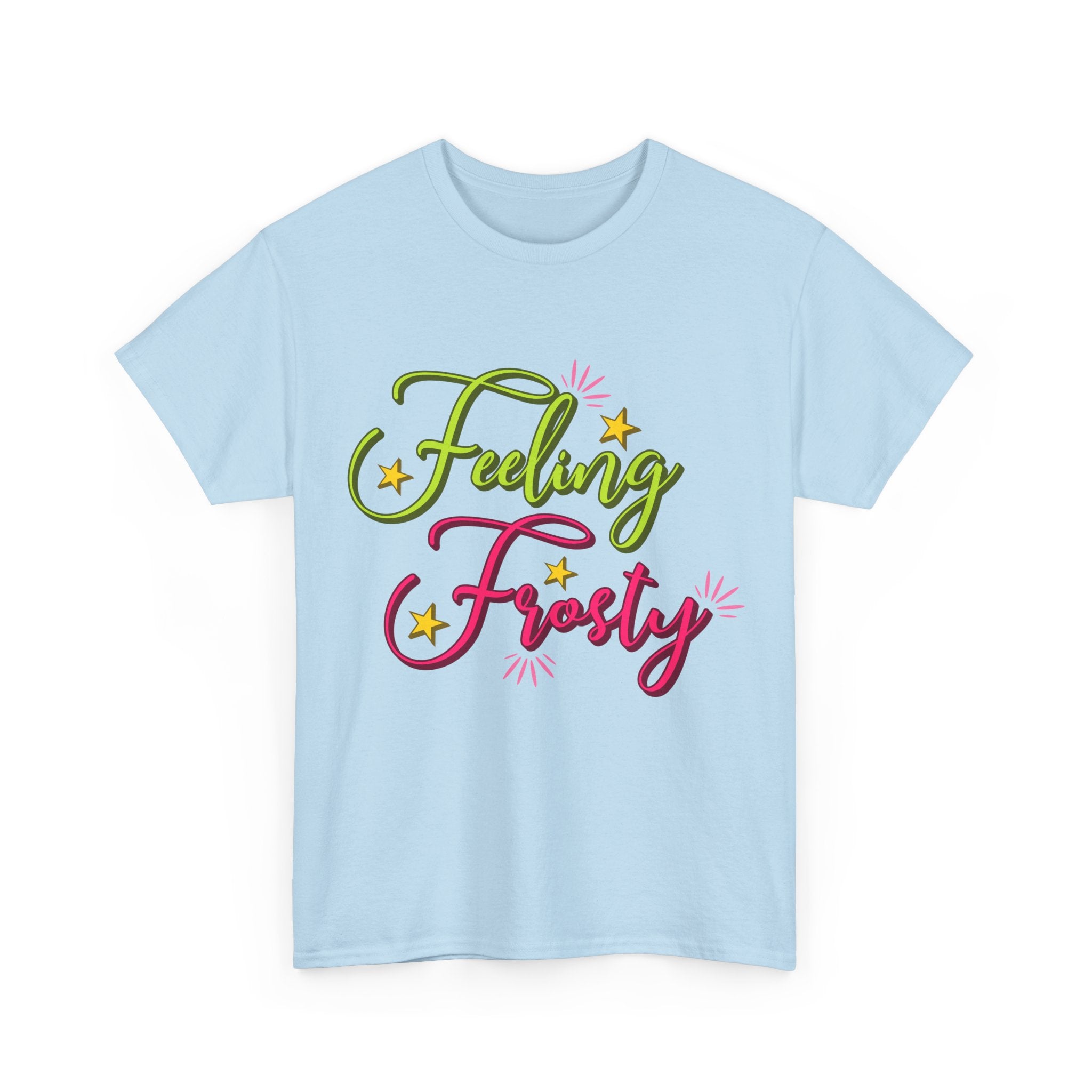 Feeling Frosty Holiday T-Shirt — Green & Pink Script Stars.Unisex Cotton Tee