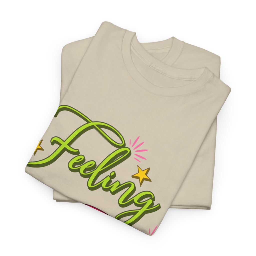 Feeling Jolly Tee — Festive Green & Pink Script with Yellow Stars Unisex Cotton Tee
