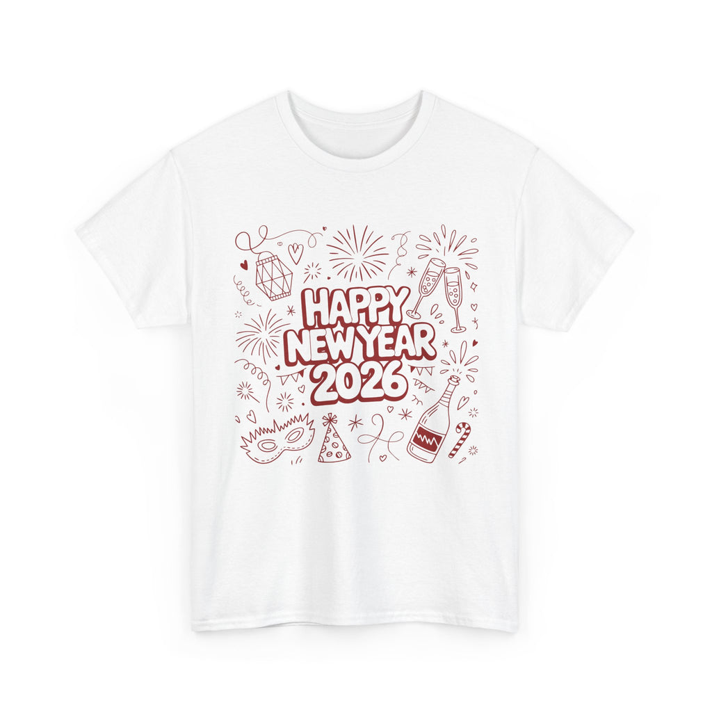 Happy New Year 2026 Doodle T-Shirt — Pink Party Icons & Champagne Unisex Cotton Tee