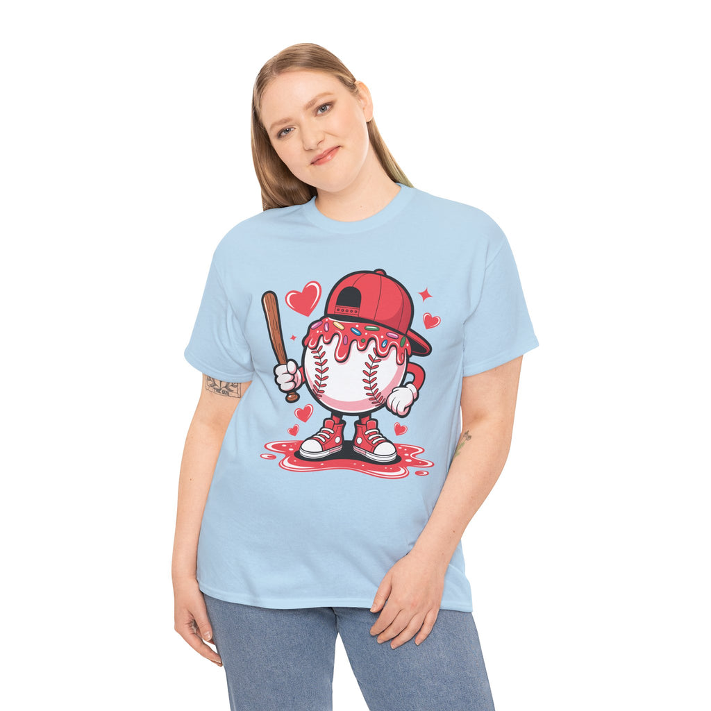 Cute Baseball Character T-Shirt — Red Cap & Icing Top Graphic with Hearts Unisex Cotton Tee