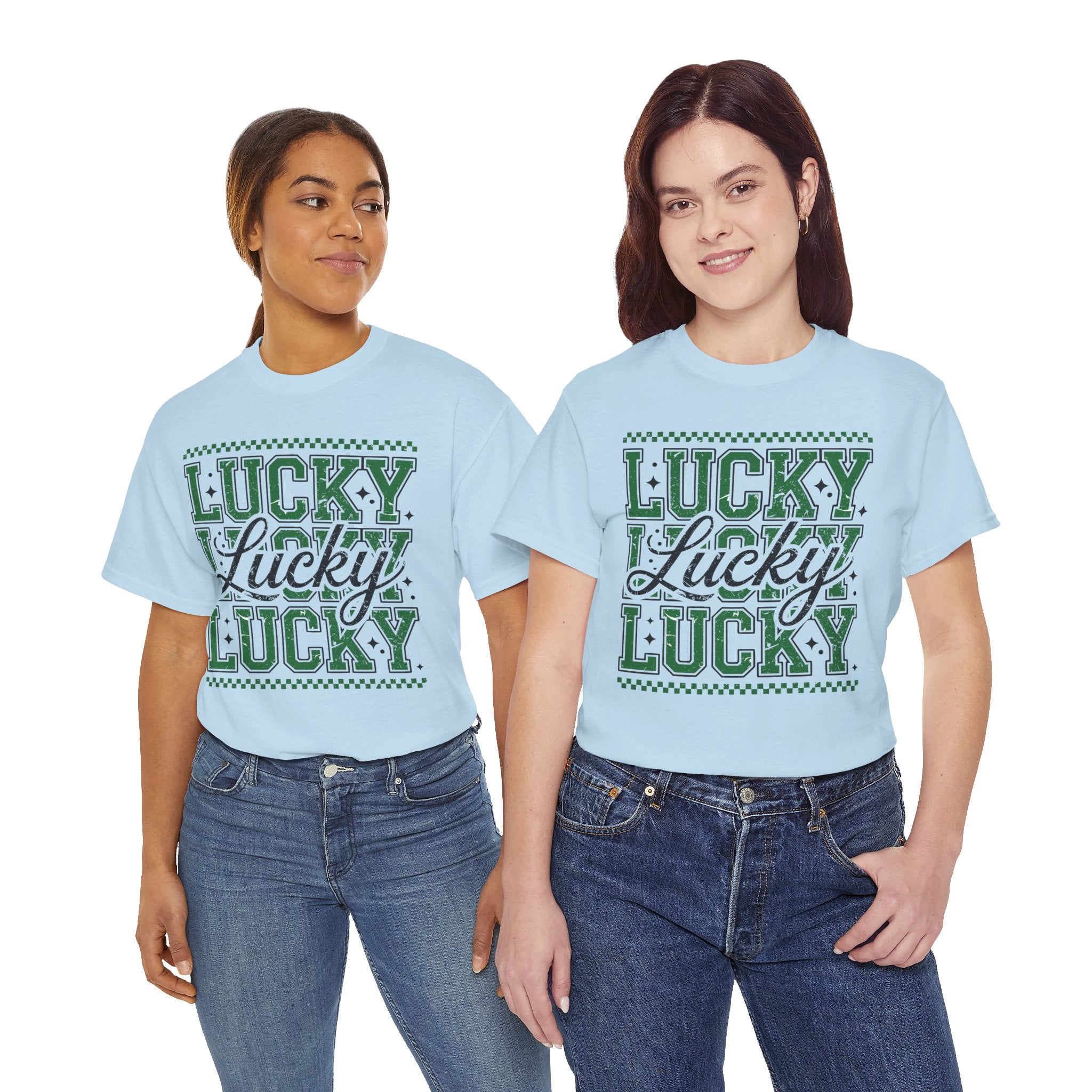 Lucky Varsity Tee — Layered Green ‘Lucky’ Graphic Unisex Cotton Tee