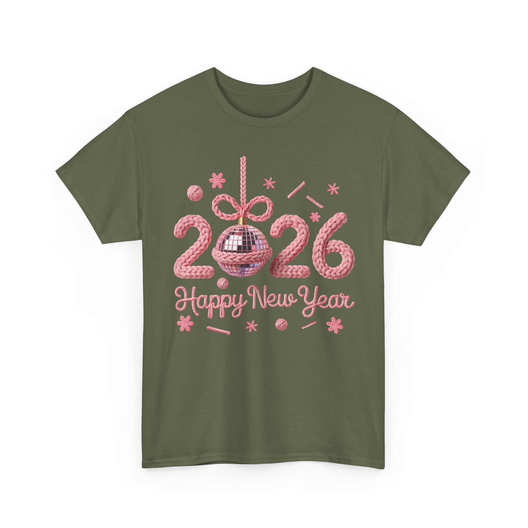 2026 Happy New Year Pink Knitted Disco Ball Unisex Cotton Tee