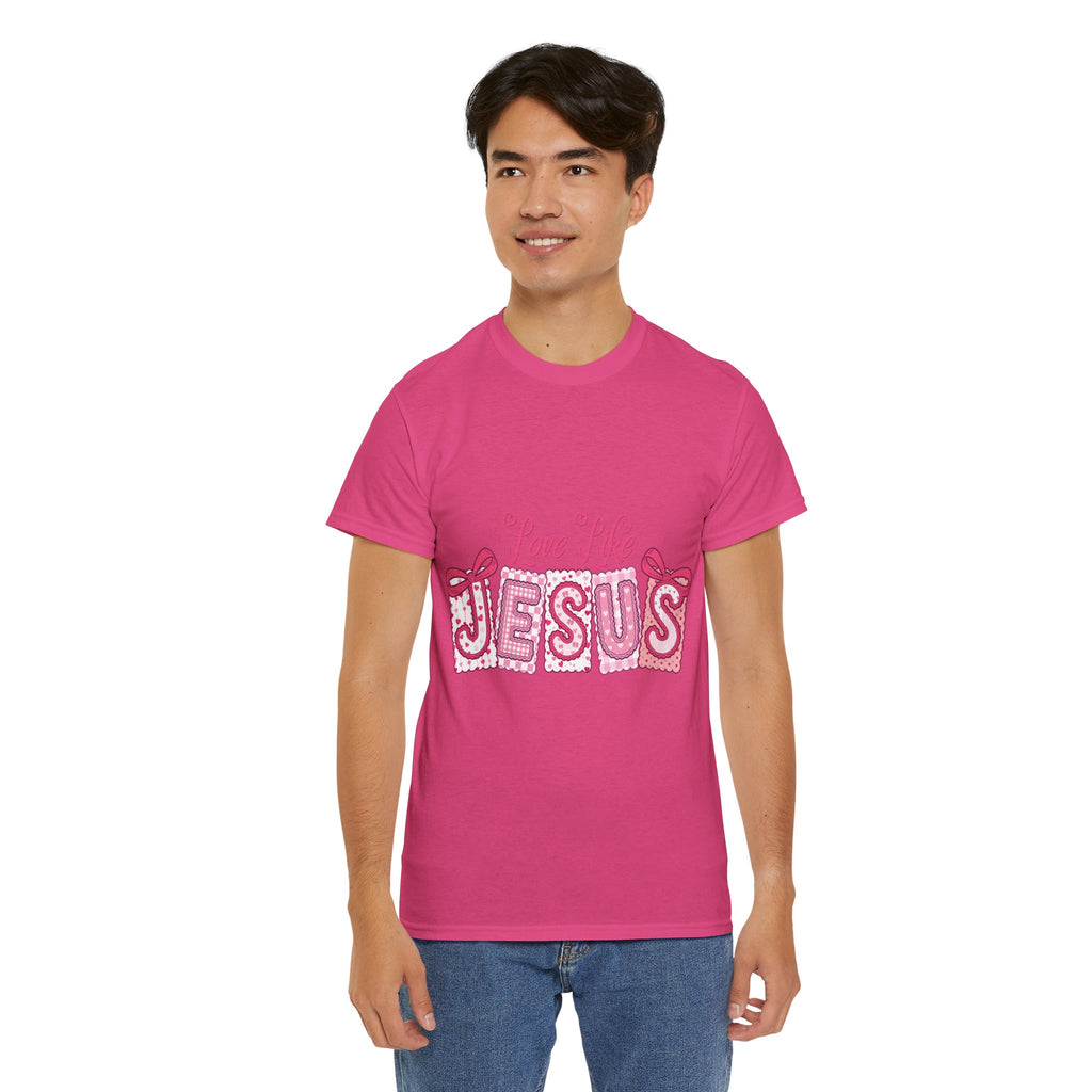 Love Like Jesus Patchwork Tee — Pink Stitched Heart Graphic.Unisex Cotton Tee