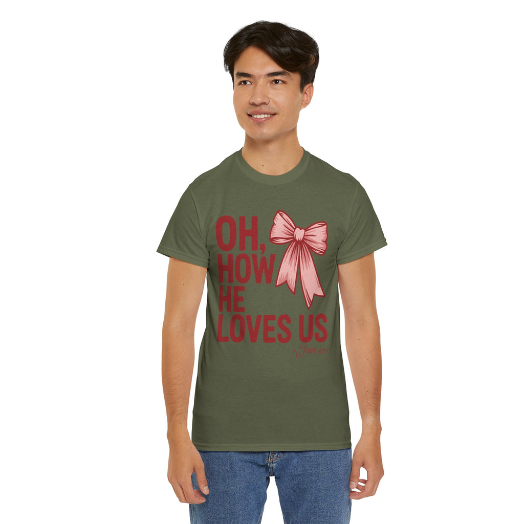 Oh, How He Loves Us Christian Valentine Tee — 1 John 4:10 Red & Pink Unisex Cotton Tee