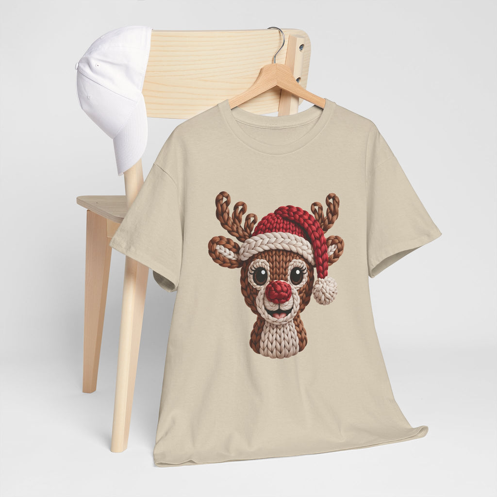 Reindeer in Santa Hat Cotton Tee — Joyful Faux-Yarn Holiday Unisex Coton T-Shirt