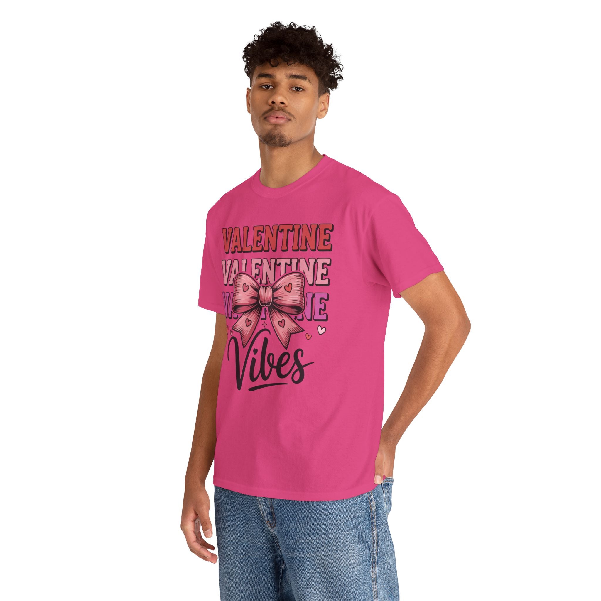 Valentine Vibes T-Shirt — Pink Bow Heart Graphic Unisex Cotton Tee