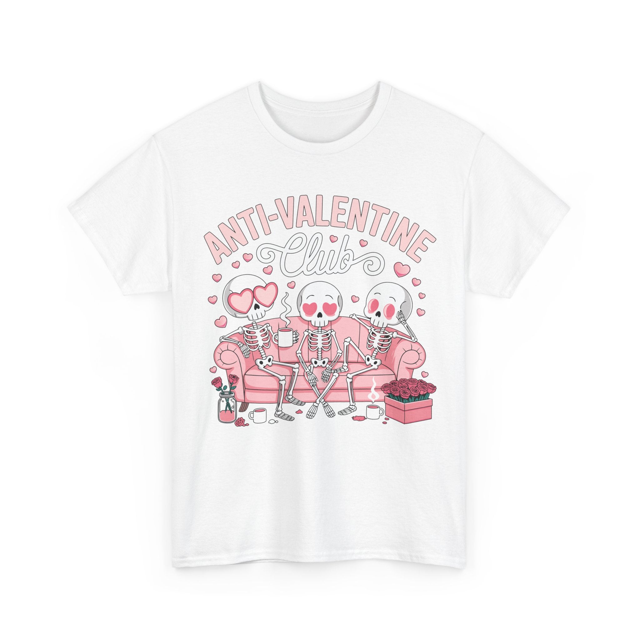 Anti-Valentine Club Skeleton Tee — Anti-Romance Pink Couch Graphic Unisex Cotton T-Shirt