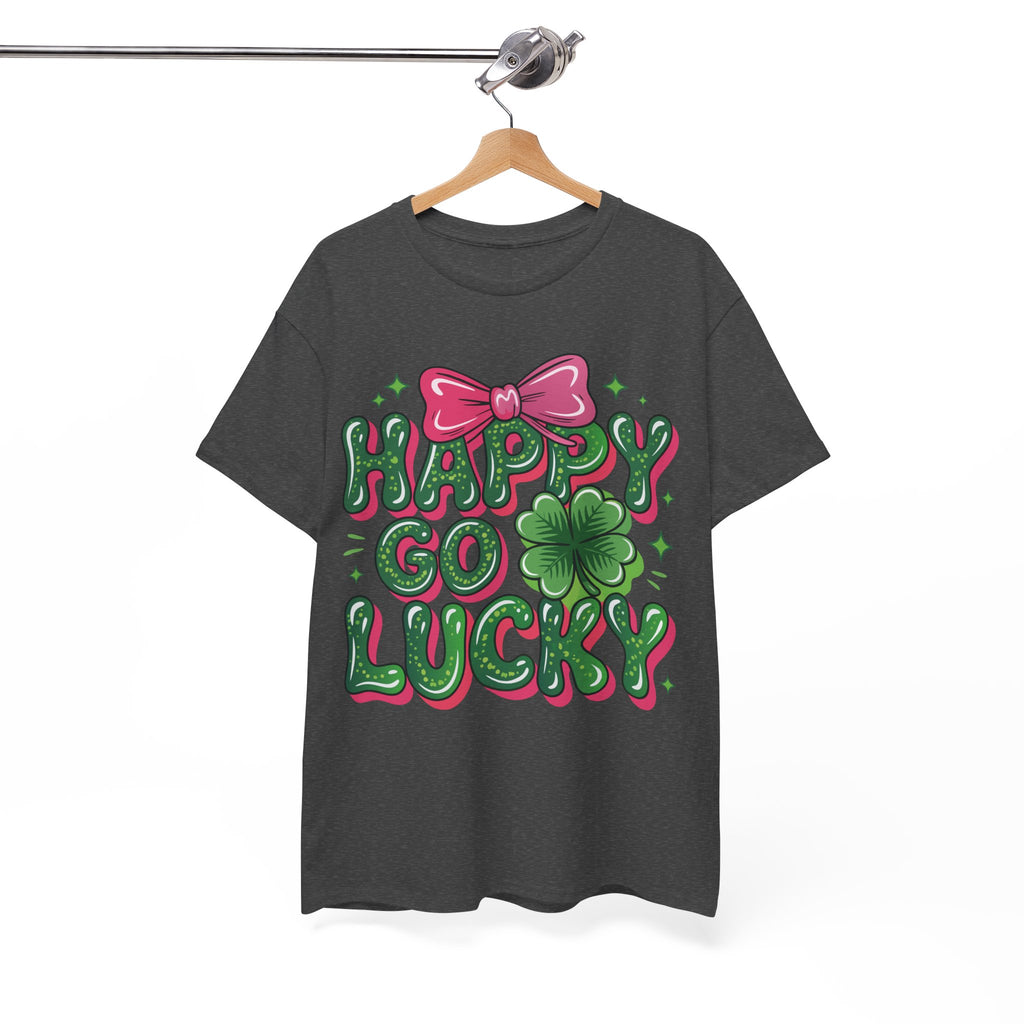 Happy Go Lucky Four-Leaf Clover Tee — Glossy Green Letters & Pink Bow Unisex Cotton Tee