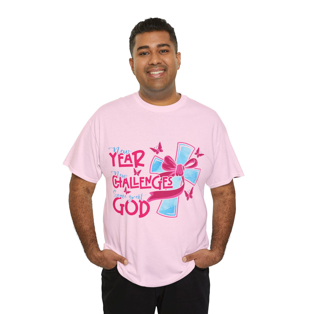 Christian T-Shirt — “New Year, New Challenges, Same Great God” with Pink Bow Cross & Butterflies. Unisex Cotton Tee