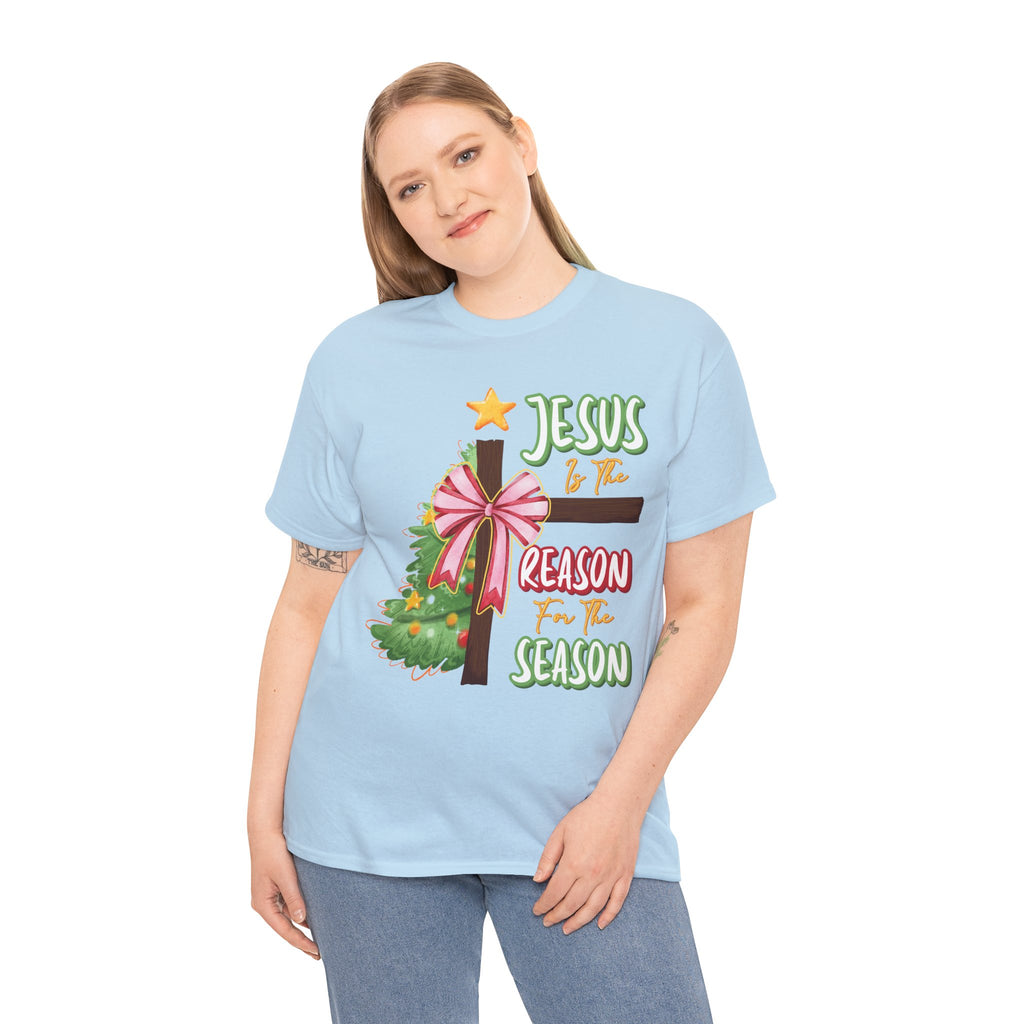 Jesus Is the Reason for the Season Christmas Tee — Cross with Pink Bow & Tree. Unisex Cotton Tee