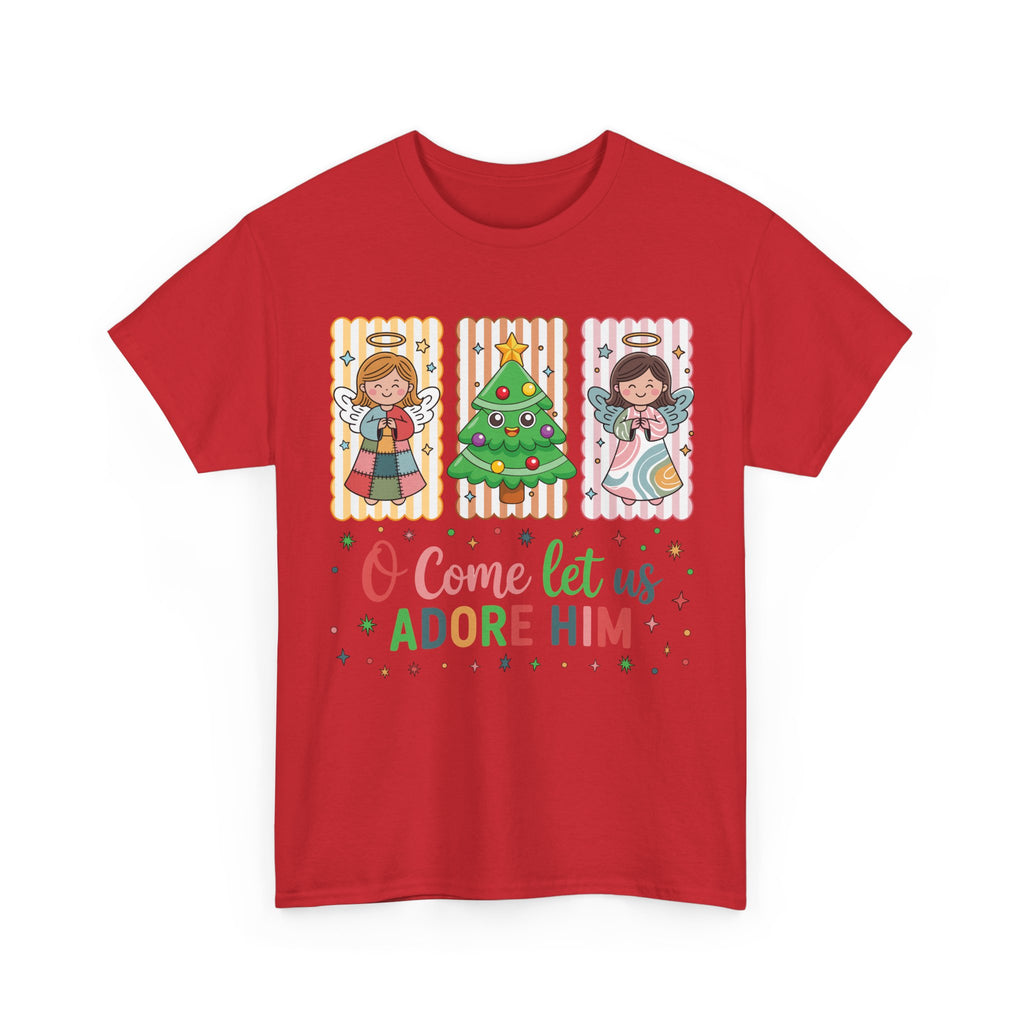 O Come Let Us Adore Him Christmas Tee — Smiling Angels & Happy Tree..Unisex Cotton Tee