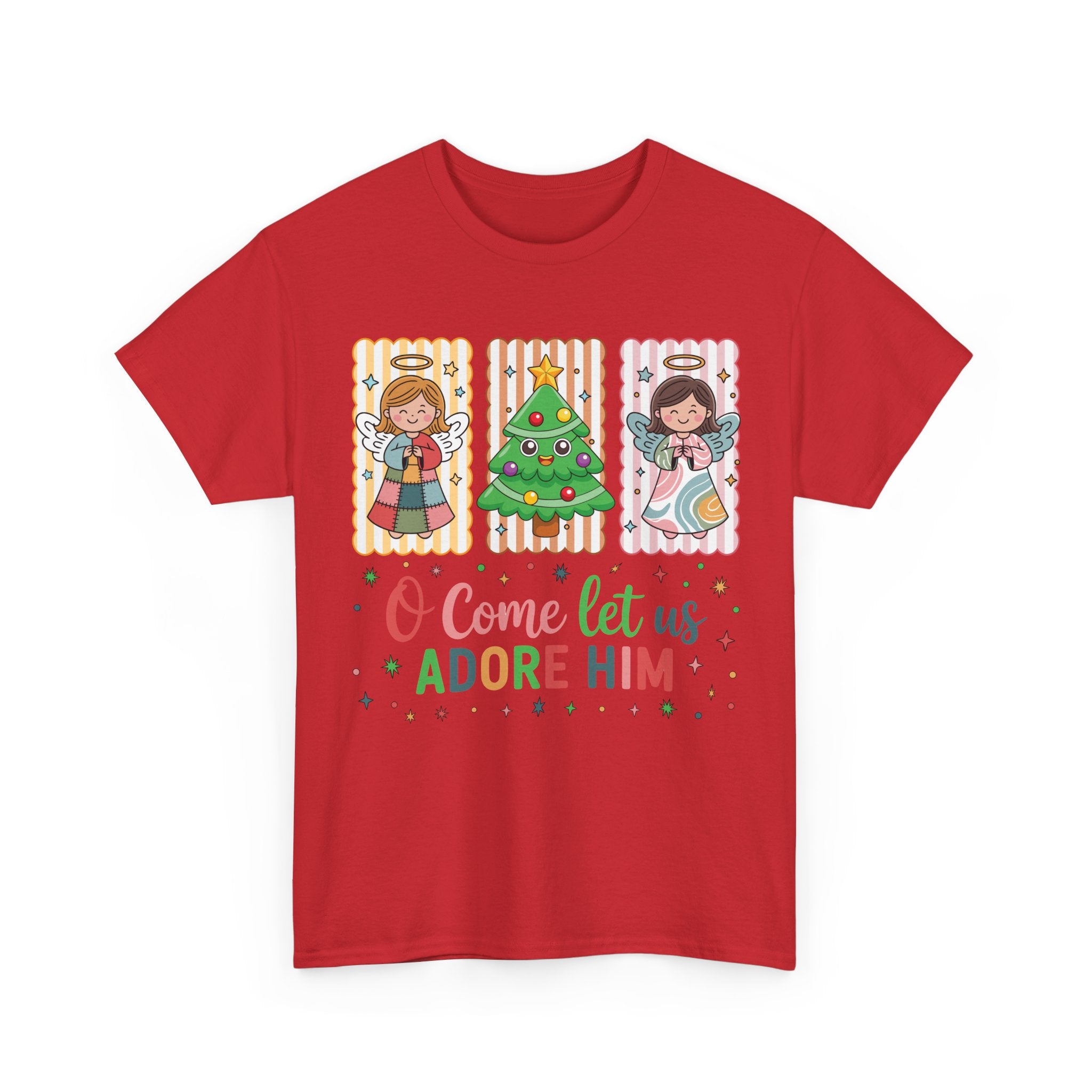 O Come Let Us Adore Him Christmas Tee — Smiling Angels & Happy Tree..Unisex Cotton Tee