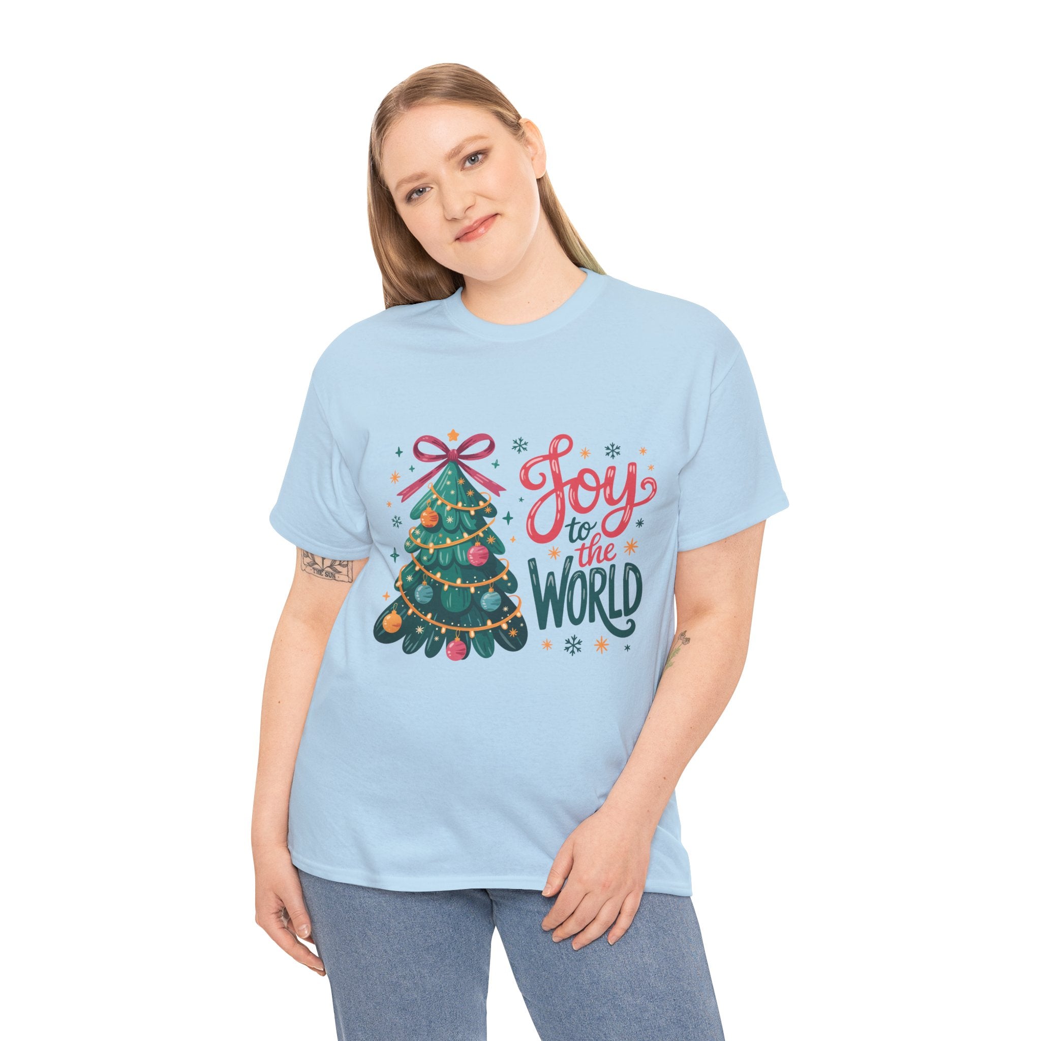 Joy to the World Christmas Tee — Festive Tree with Pink Bow..Unisex Cotton Tee