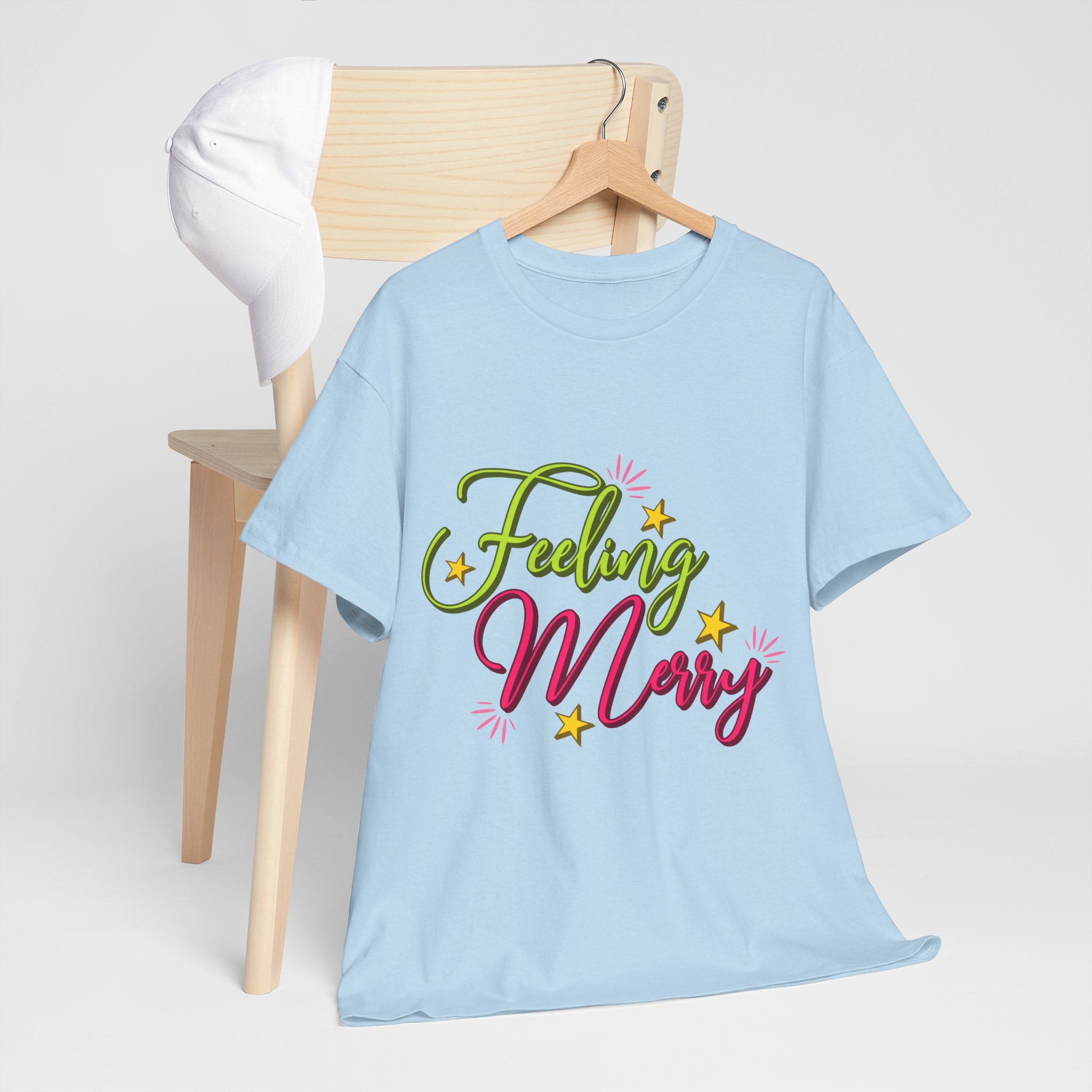 Feeling Merry T-Shirt — Bright Green & Pink Holiday Tee with Stars.Unisex Cotton Tee