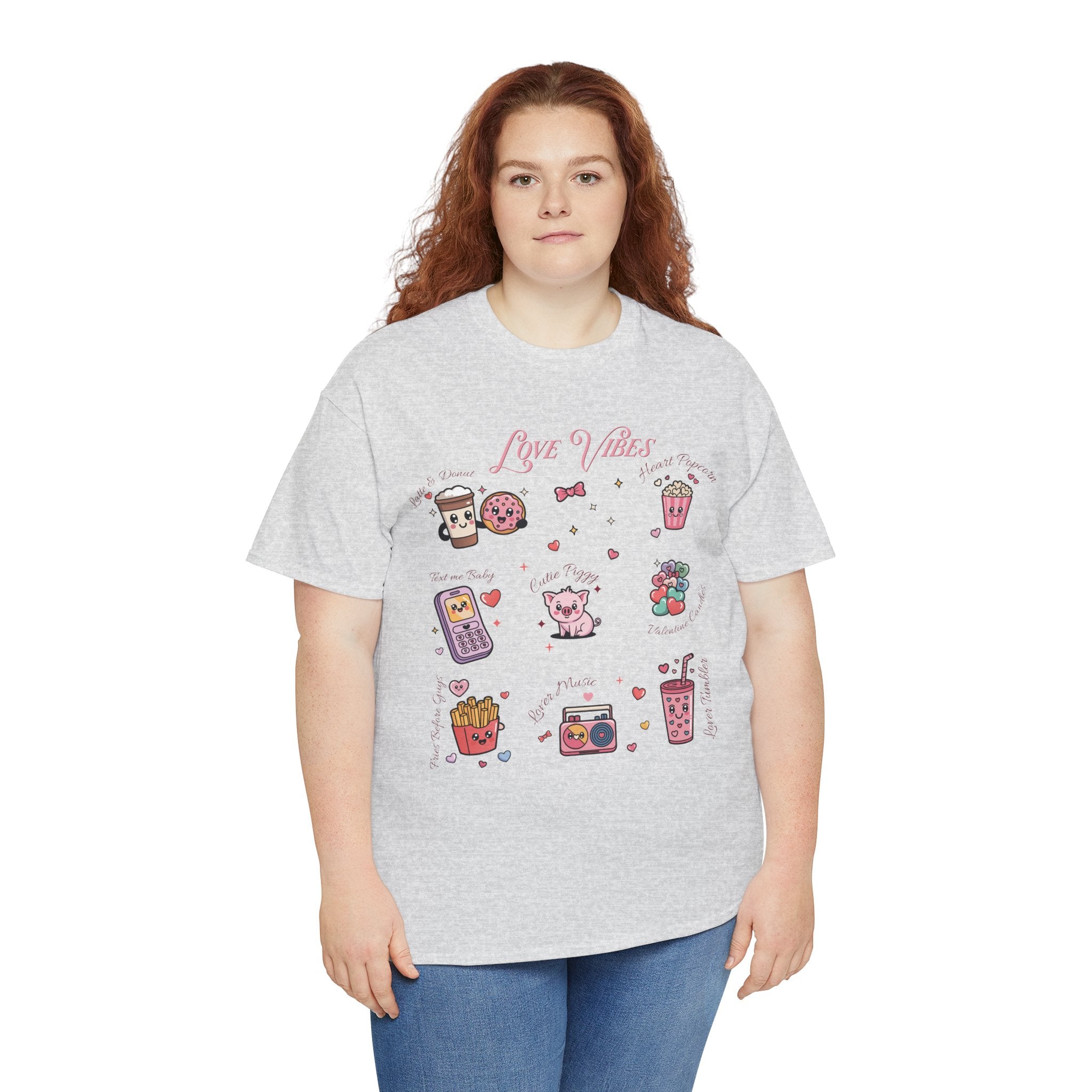 Love Vibes Kawaii Valentine T-Shirt — Cute Donut, Coffee & Piglet Design Unisex Cotton Tee