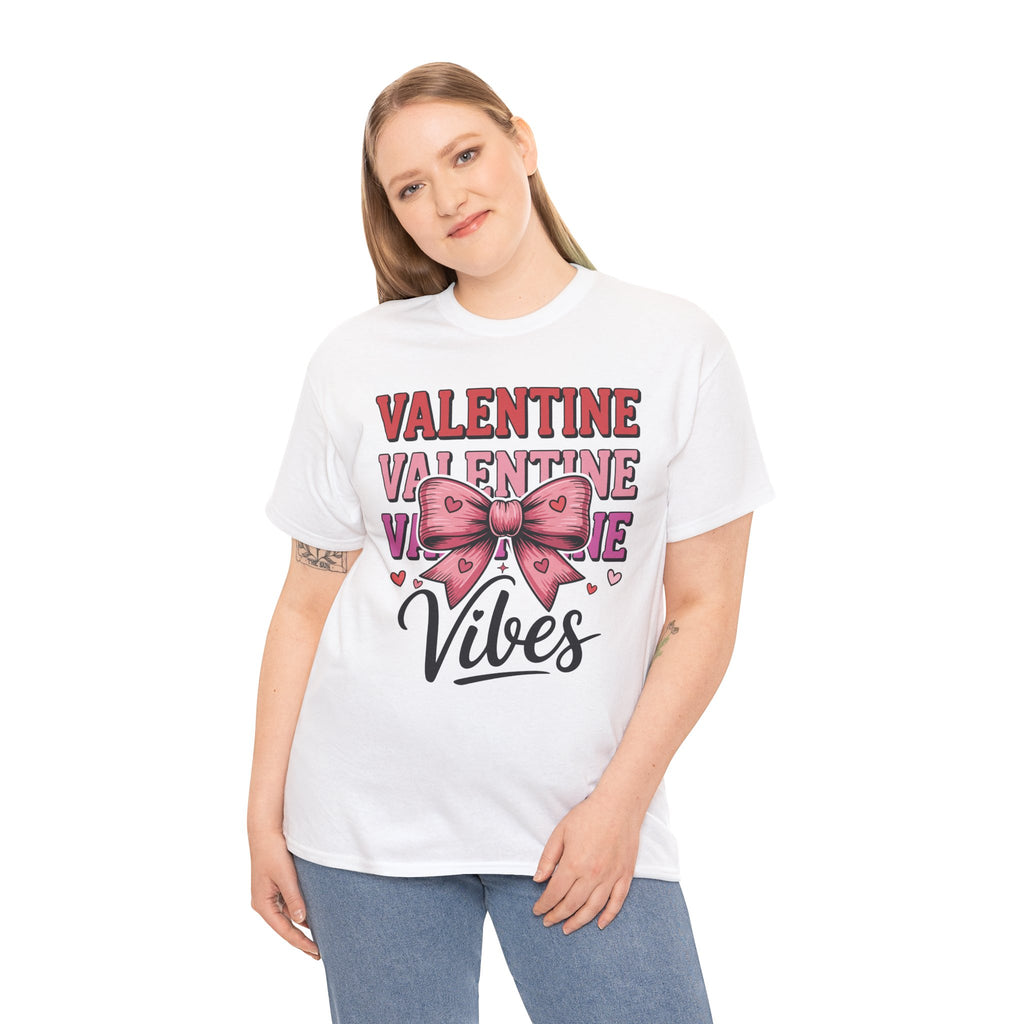 Valentine Vibes T-Shirt — Pink Bow Heart Graphic Unisex Cotton Tee