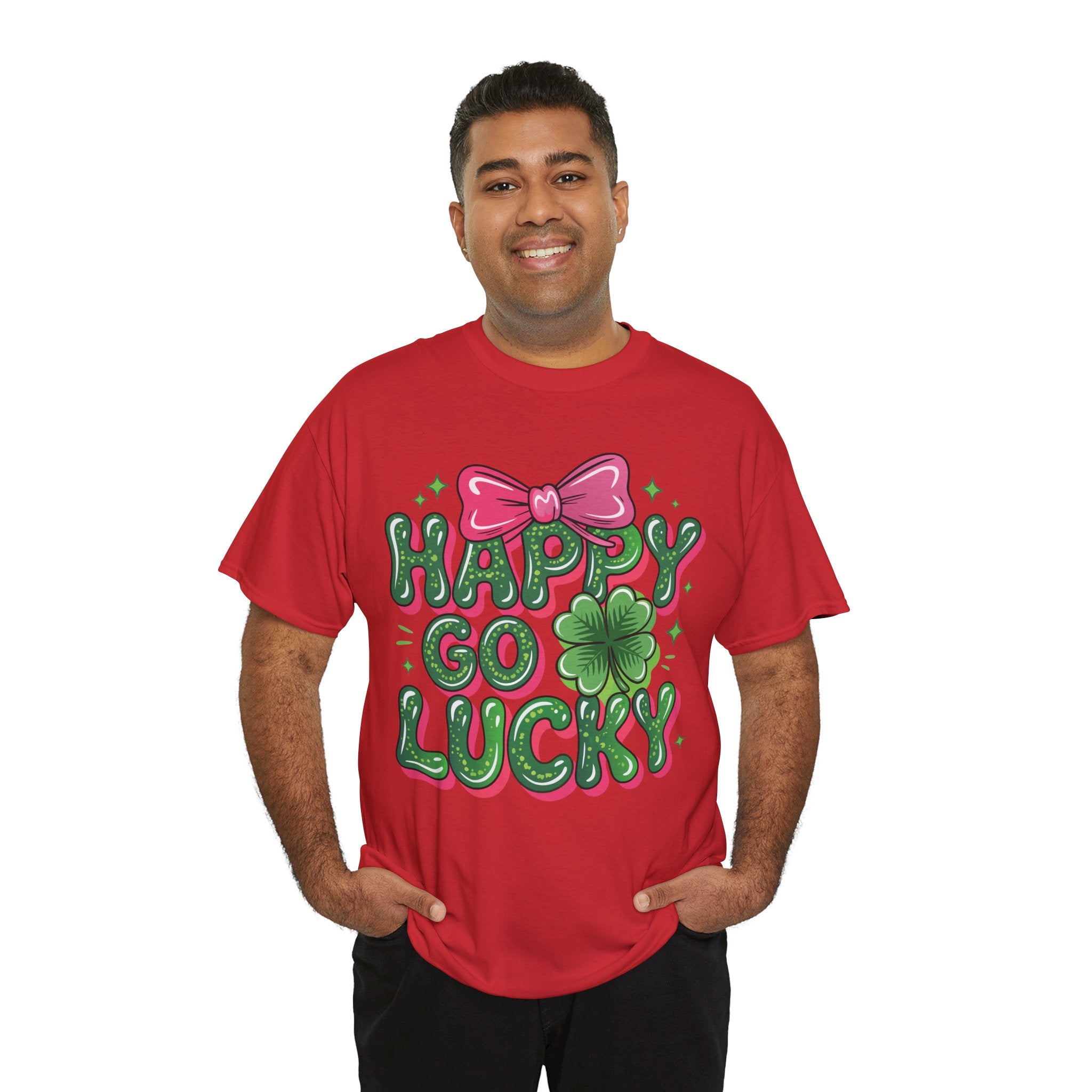 Happy Go Lucky Four-Leaf Clover Tee — Glossy Green Letters & Pink Bow Unisex Cotton Tee