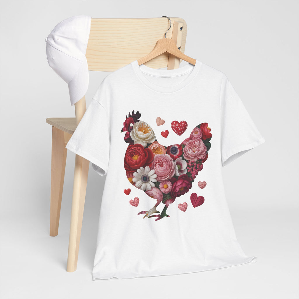 Floral Chicken Heart Tee — Red & Pink Flower Silhouette Unisex Cotton Tee
