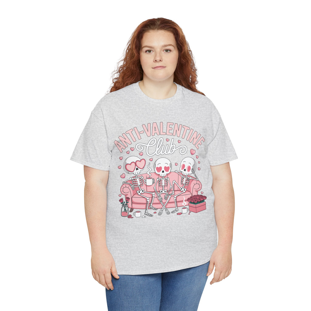 Anti-Valentine Club Skeleton Tee — Anti-Romance Pink Couch Graphic Unisex Cotton T-Shirt