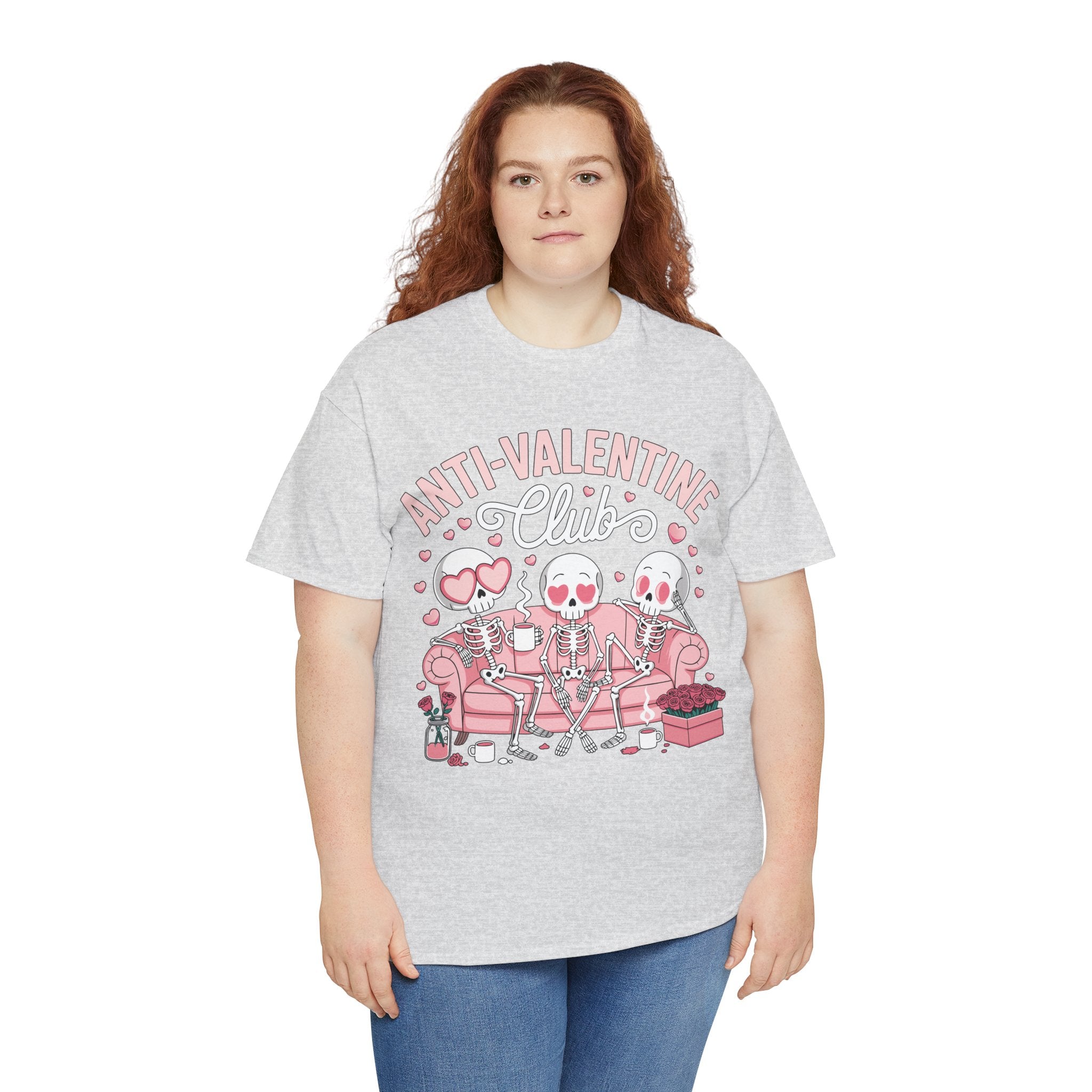 Anti-Valentine Club Skeleton Tee — Anti-Romance Pink Couch Graphic Unisex Cotton T-Shirt