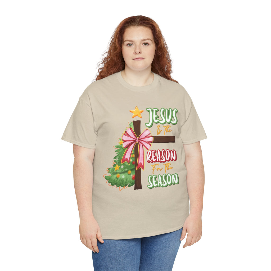 Jesus Is the Reason for the Season Christmas Tee — Cross with Pink Bow & Tree. Unisex Cotton Tee