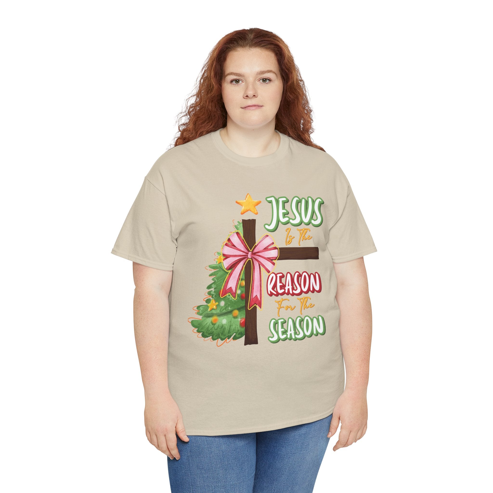 Jesus Is the Reason for the Season Christmas Tee — Cross with Pink Bow & Tree. Unisex Cotton Tee