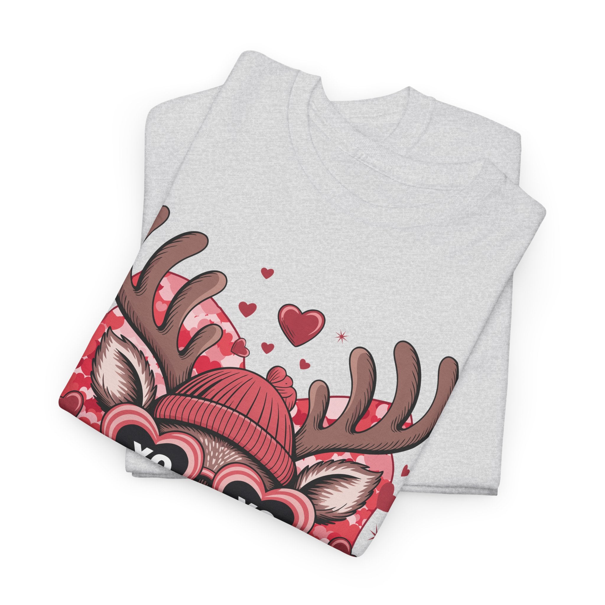 Valentine Deer Tee — Cute XO Heart Glasses, Beanie & Scarf Unisex Cotton Tshirt
