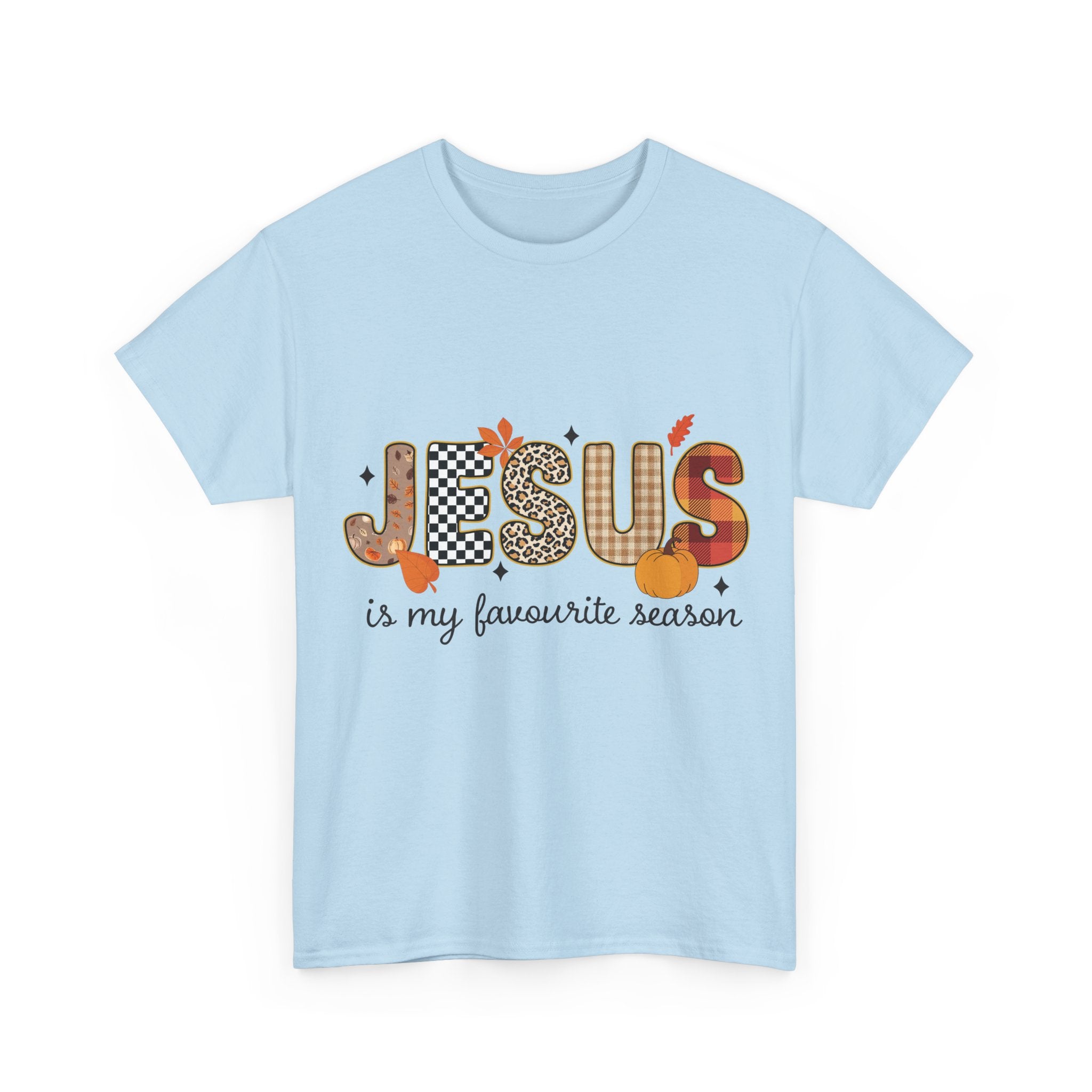 Jesus Is My Favorite Season Tee — Autumn Plaid & Leopard Lettering Unisex Cotton Tee