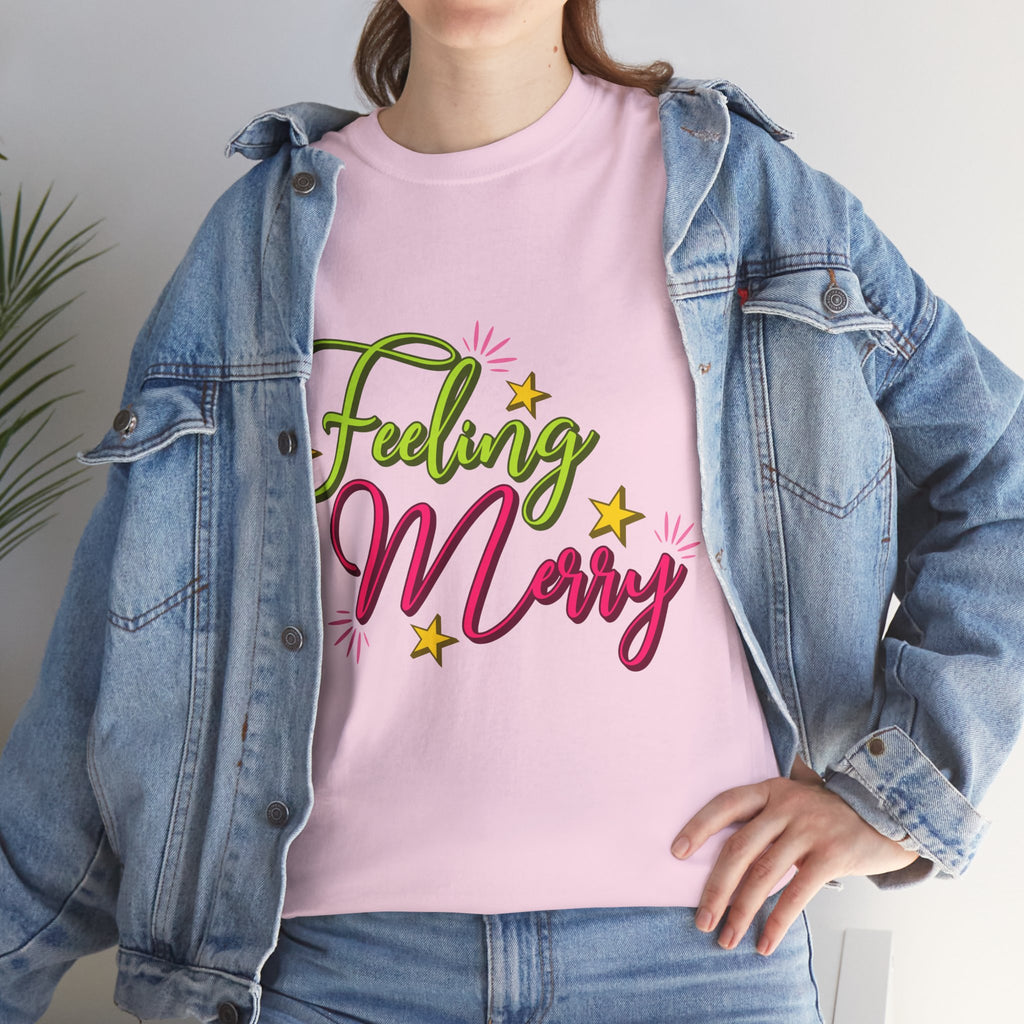 Feeling Merry T-Shirt — Bright Green & Pink Holiday Tee with Stars.Unisex Cotton Tee