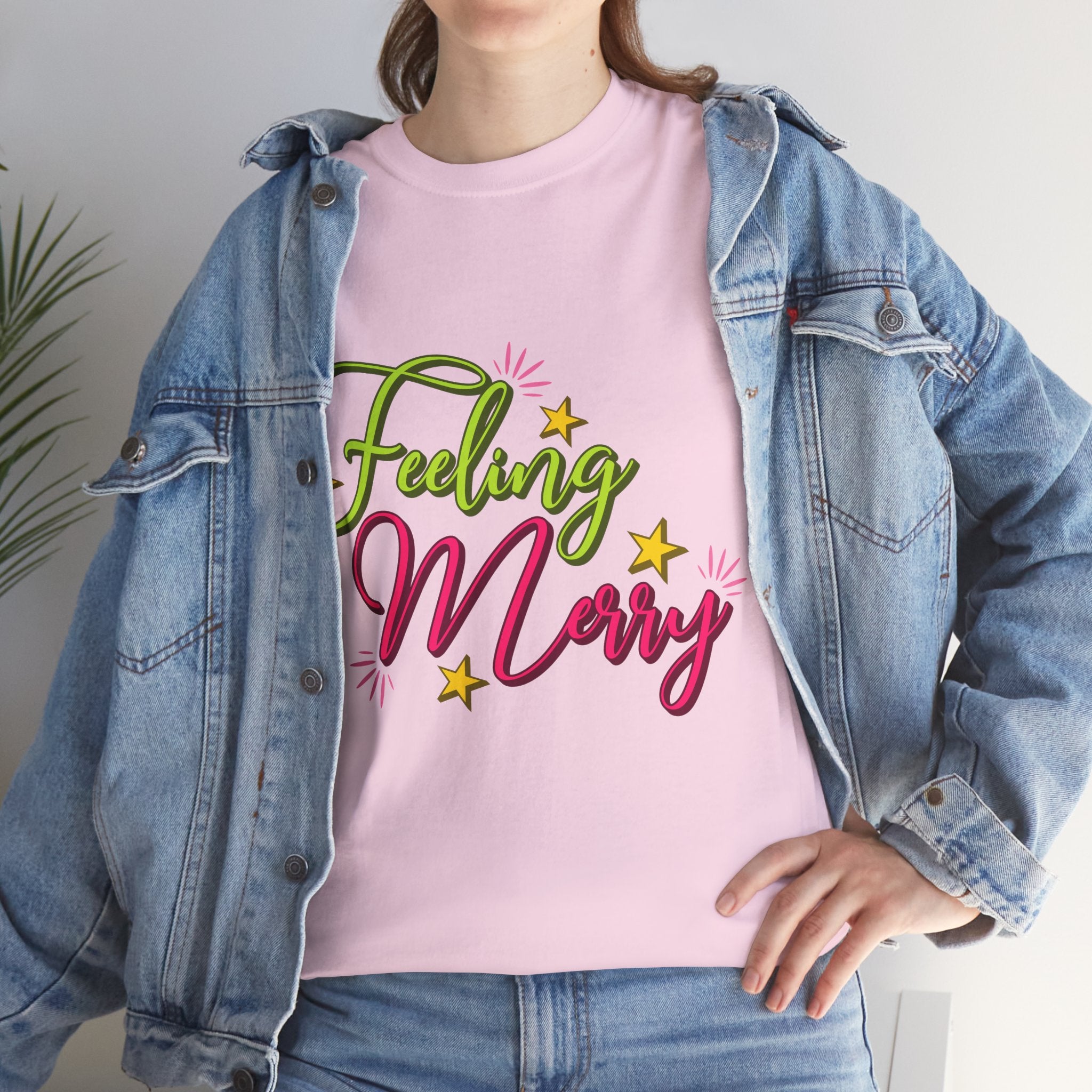 Feeling Merry T-Shirt — Bright Green & Pink Holiday Tee with Stars.Unisex Cotton Tee