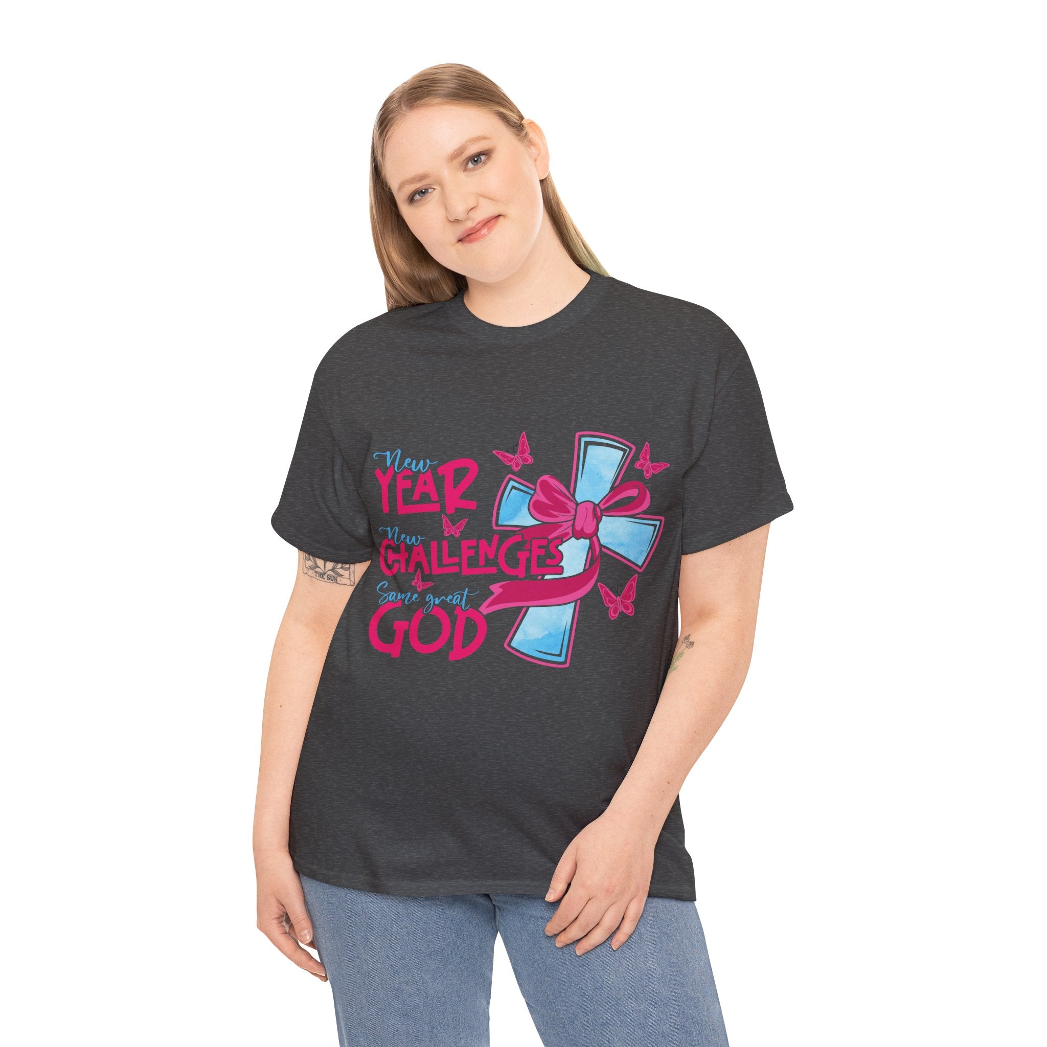 Christian T-Shirt — “New Year, New Challenges, Same Great God” with Pink Bow Cross & Butterflies. Unisex Cotton Tee